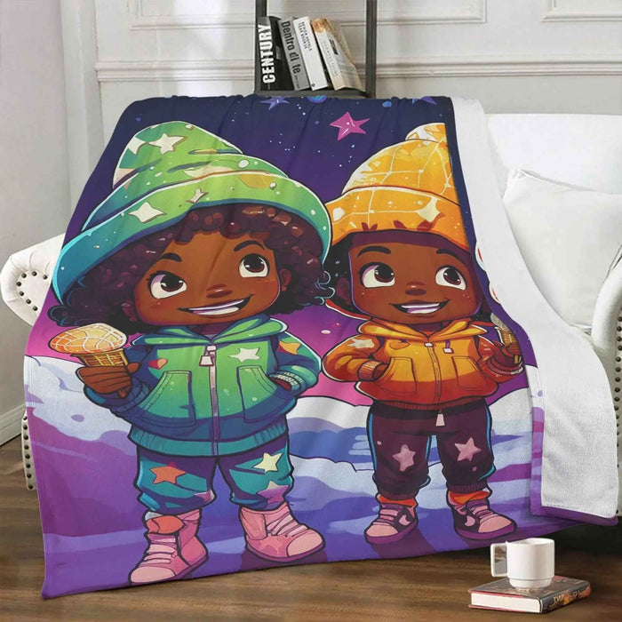 MelanatedMe Twin Snow Dream Girl and Boy Soft Polyester Premium Fleece Blanket