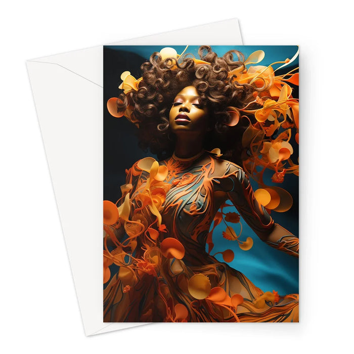 Orange Flower Goddess Blue Greeting Card