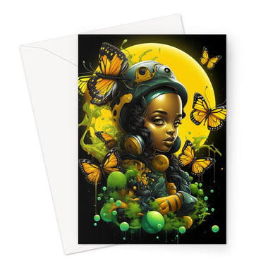 Monarch Butterfly Urban Fantasy Art Print - Afrofuturistic Girl with Butterflies Greeting Card