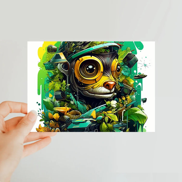 Nature's Resilience: Surreal Auto-Forest Artwork - Whimsical Raccoon and Greenery Infused Car Classic Postcard