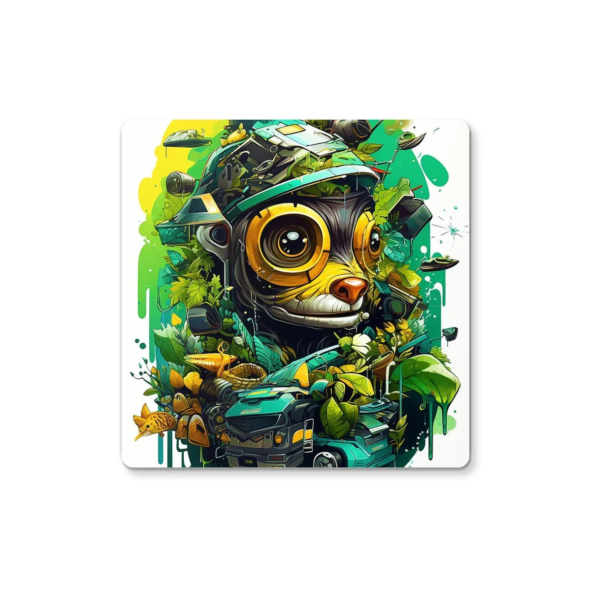 Nature's Resilience: Surreal Auto-Forest Artwork - Whimsical Raccoon and Greenery Infused Car Coaster - D'Sare
