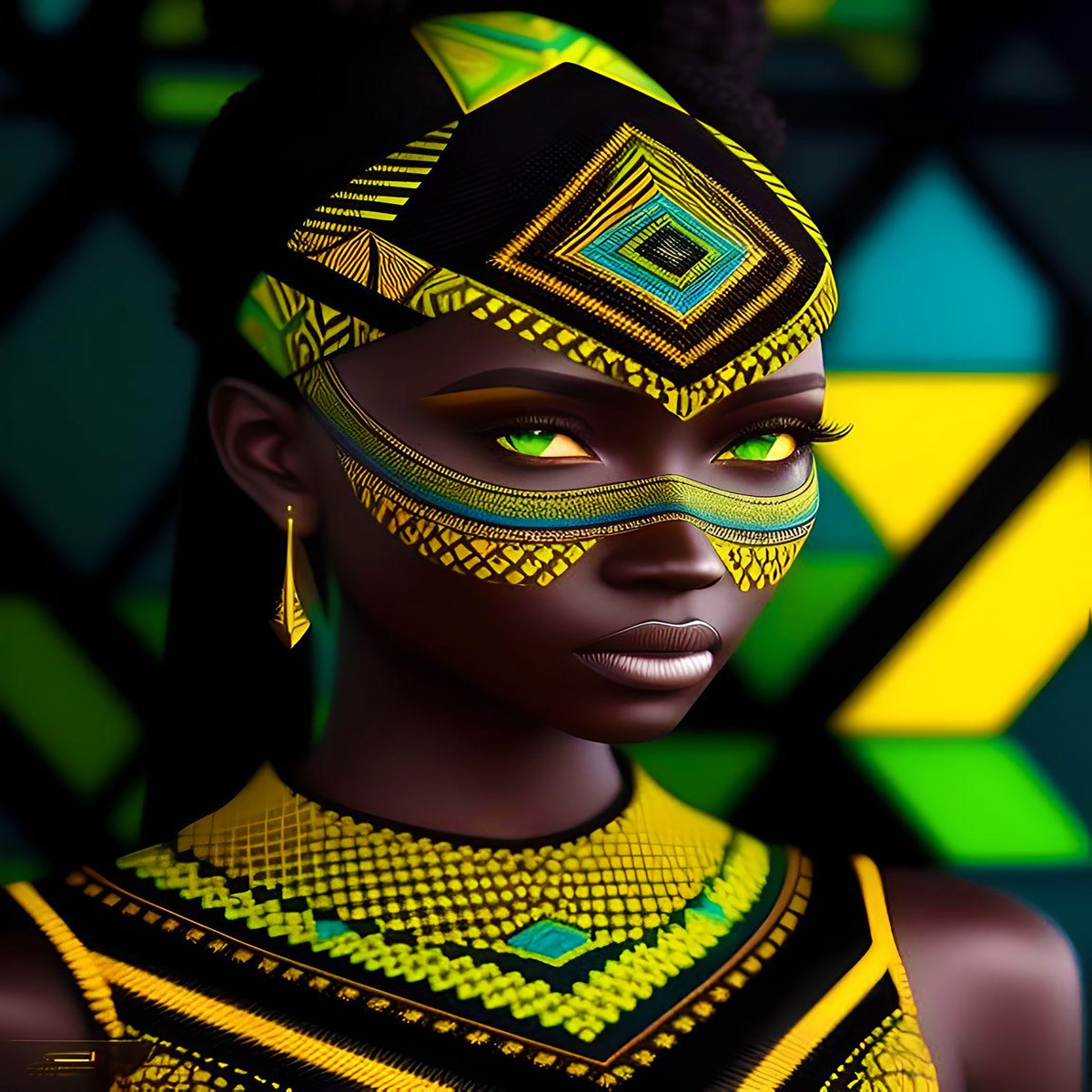 Vibrant Afro Essence Artwork - African Woman in Black, Green, Yellow & Blue