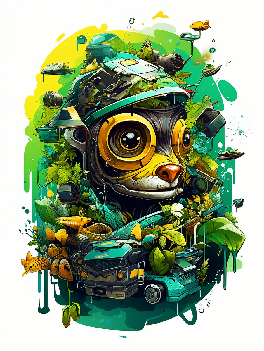 Nature's Resilience: Surreal Auto-Forest Artwork - Whimsical Raccoon and Greenery Infused Car