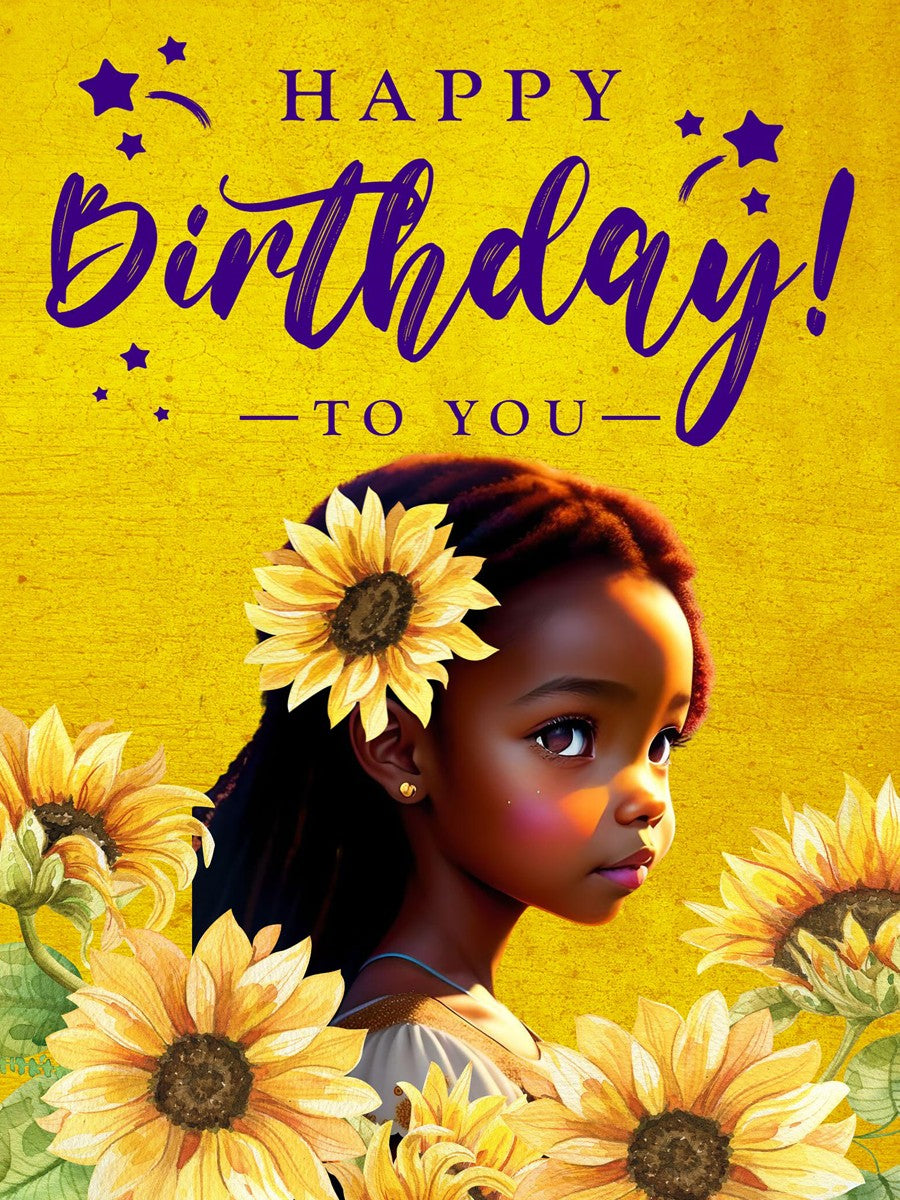 “Charming Sunflower Birthday Card for Little Girls - Vibrant Yellow & Purple Design with Joyful Wishes