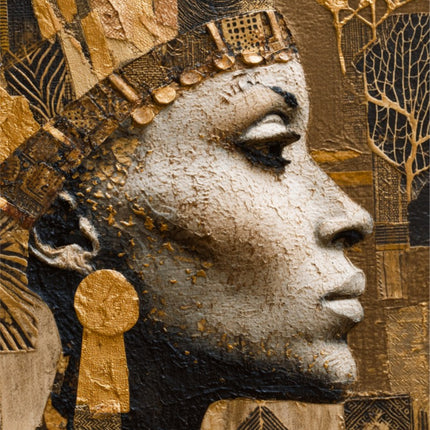 Afrocentric Golden Empress profile with gilded headdress and gold jewelry.