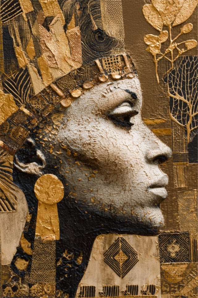 Afrocentric Golden Empress profile with gilded headdress and gold jewelry.