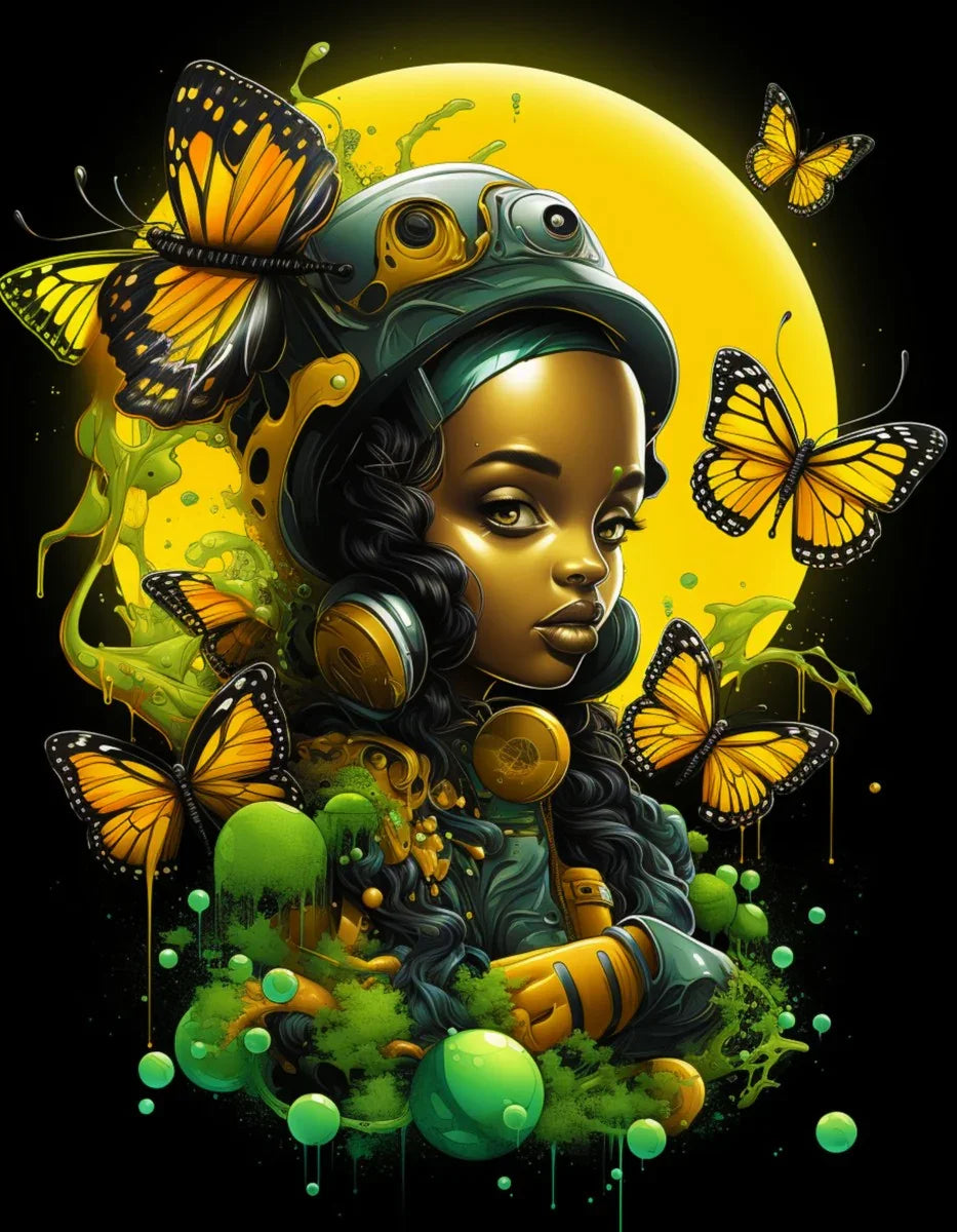 Monarch Butterfly Urban Fantasy Art Print - Afrofuturistic Girl with Butterflies