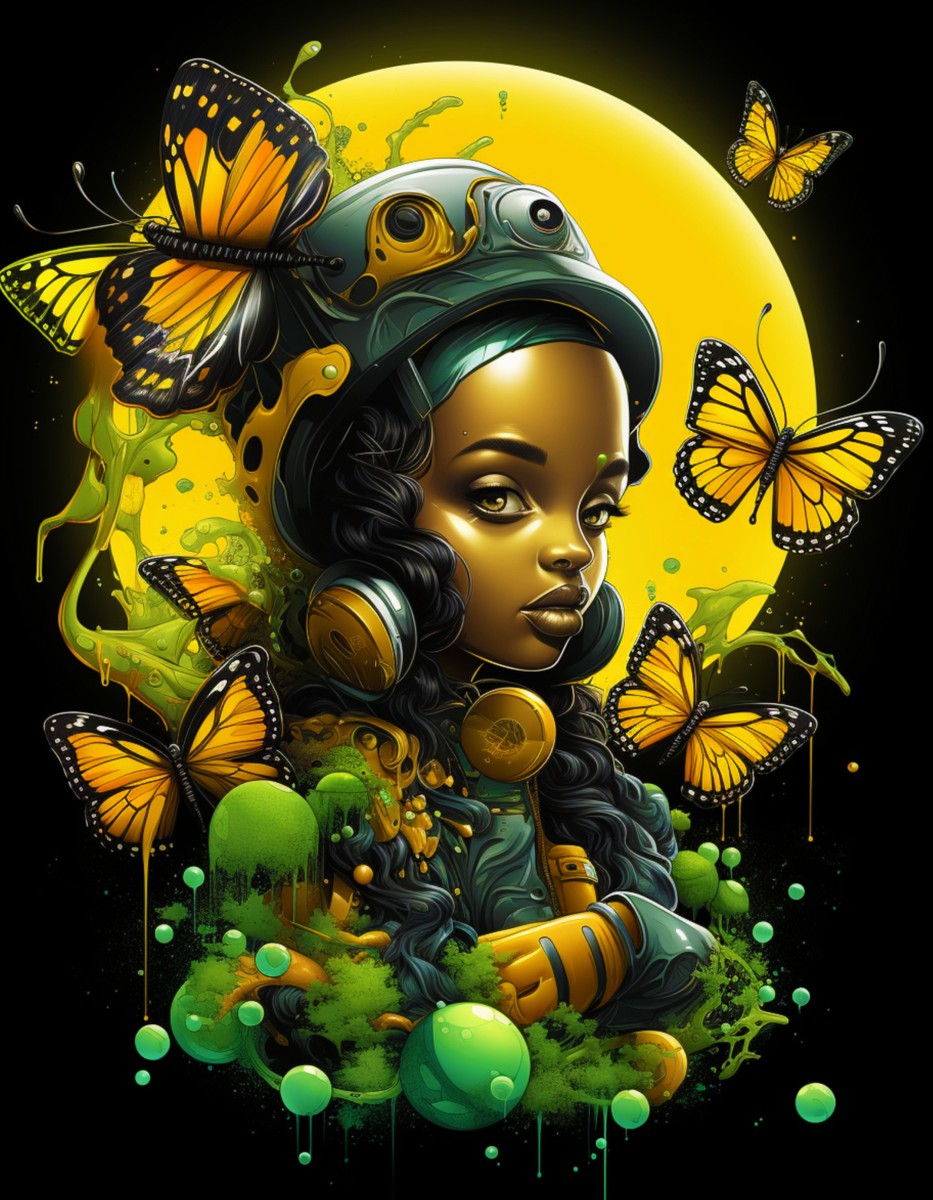 Monarch Butterfly Urban Fantasy Art Print - Afrofuturistic Girl with Butterflies