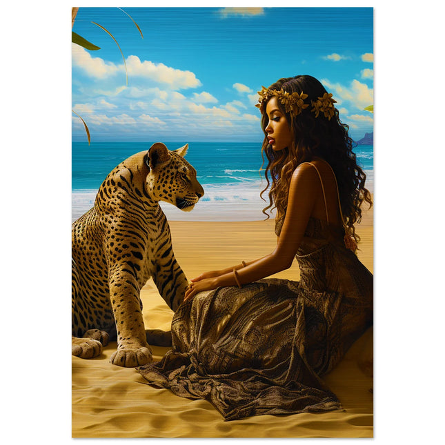 Seychelle Serenity: Golden Sand The Maiden and the LeopardBrushed Aluminum Print by D'Sare