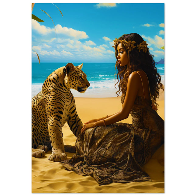 Seychelle Serenity: Golden Sand The Maiden and the LeopardAluminum Print by D'Sare