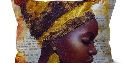 Elegant African Woman Portrait with Gold Headwrap Cushion by Prodigi