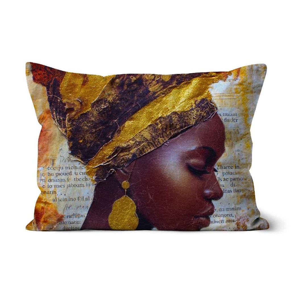 Elegant African Woman Portrait Cushion With Gold Headwrap For Home Decor