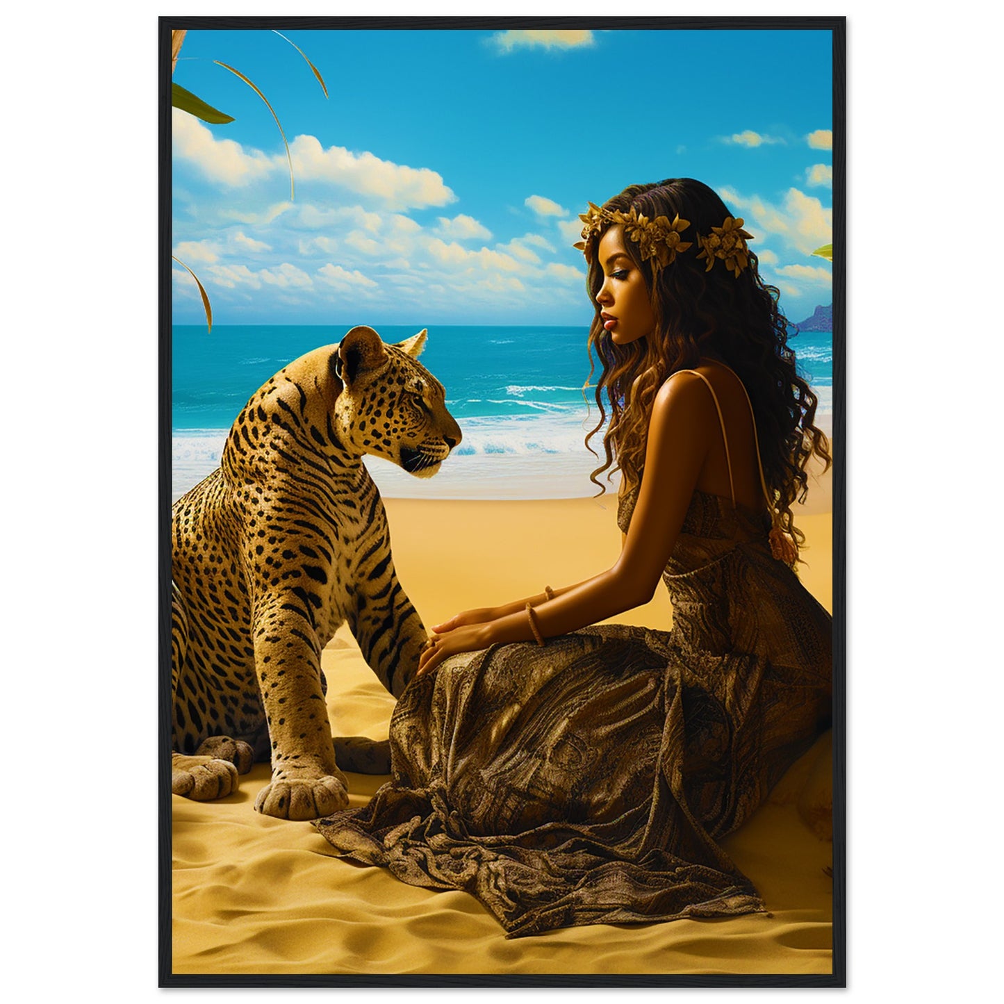 Seychelle Serenity: Golden Sand The Maiden and the LeopardPremium Matte Paper Wooden Framed Poster