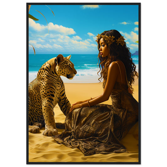 Seychelle Serenity: Golden Sand The Maiden and the LeopardPremium Matte Paper Wooden Framed Poster