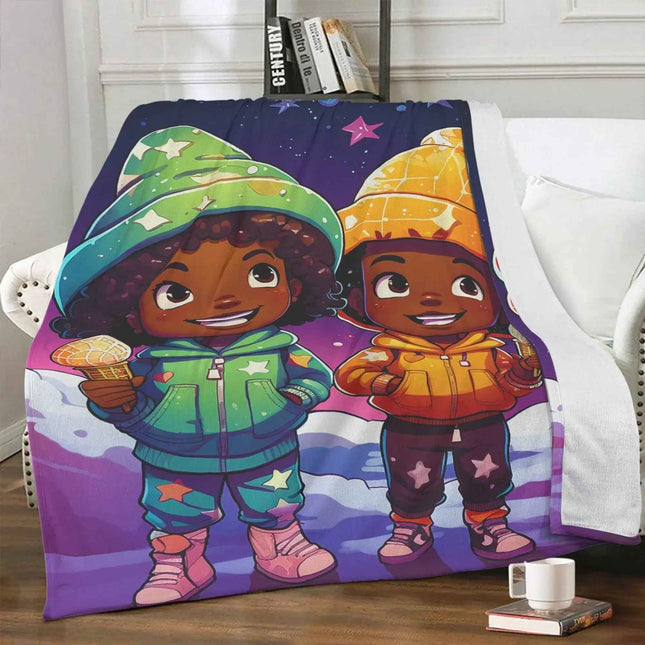 MelanatedMe Twin Snow Dream Girl and Boy Soft Polyester Premium Fleece Blanket by D'Sare