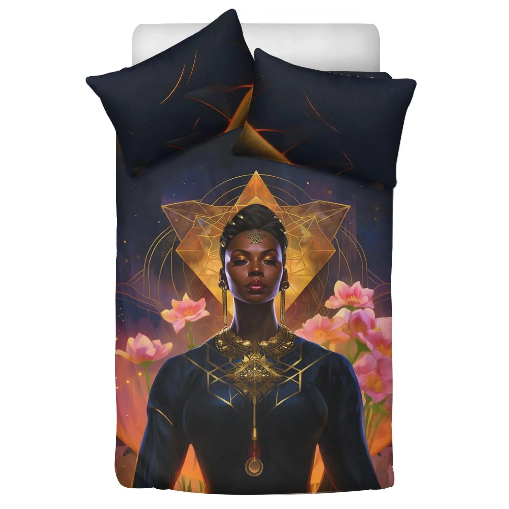 Sensual Divinity: Golden Black Feminine Goddess 3 Pcs Beddings - D'Sare 