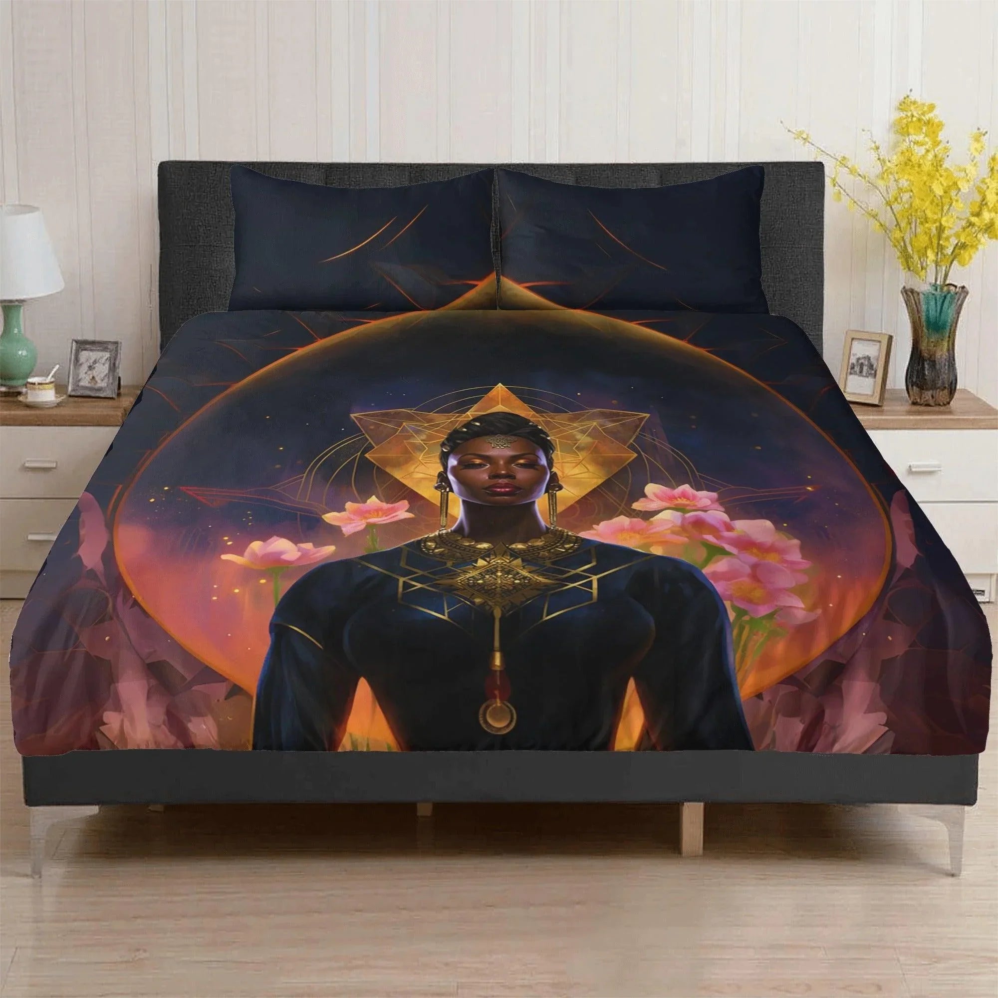 Sensual Divinity: Golden Black Feminine Goddess 3 Pcs Beddings - D'Sare 