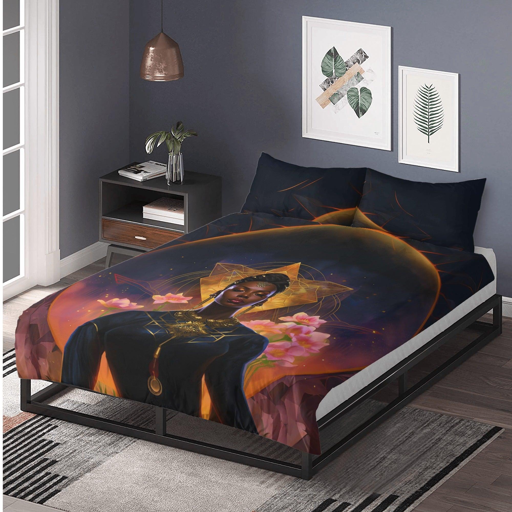 Sensual Divinity: Golden Black Feminine Goddess 3 Pcs Beddings - D'Sare 