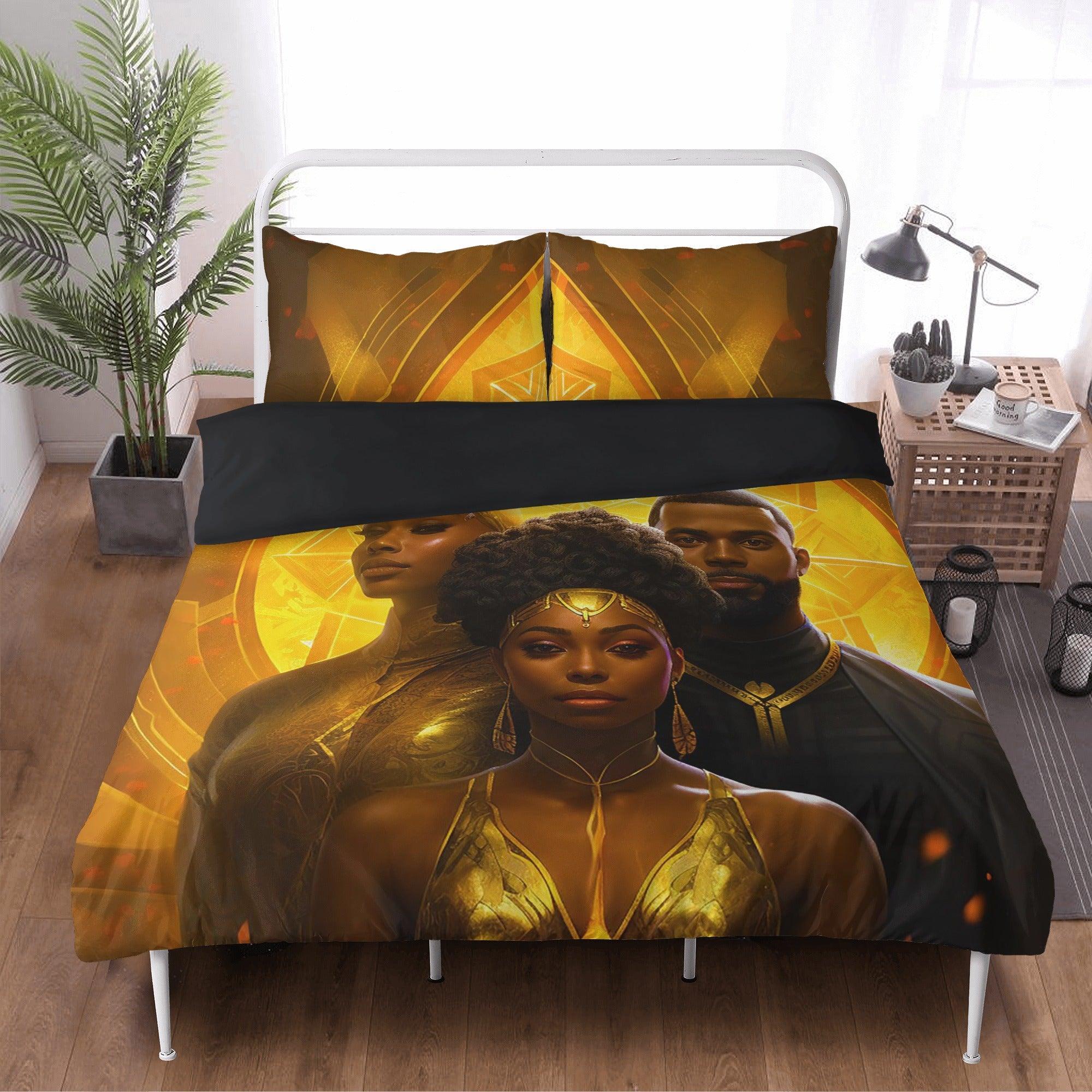 A Symphony in Gold: Divine Black Family Love 3 Pcs Beddings - D'Sare 