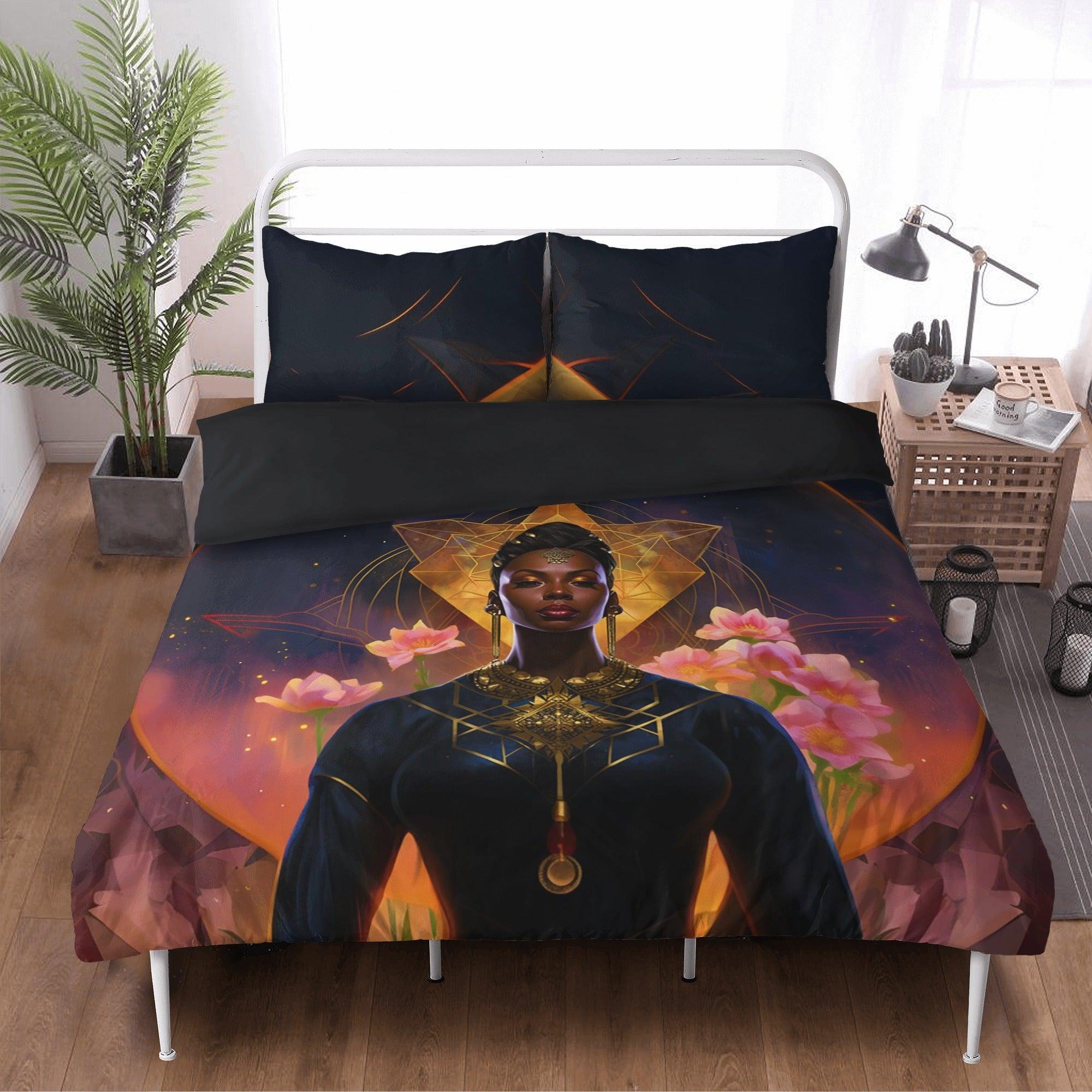 Sensual Divinity: Golden Black Feminine Goddess 3 Pcs Beddings - D'Sare 