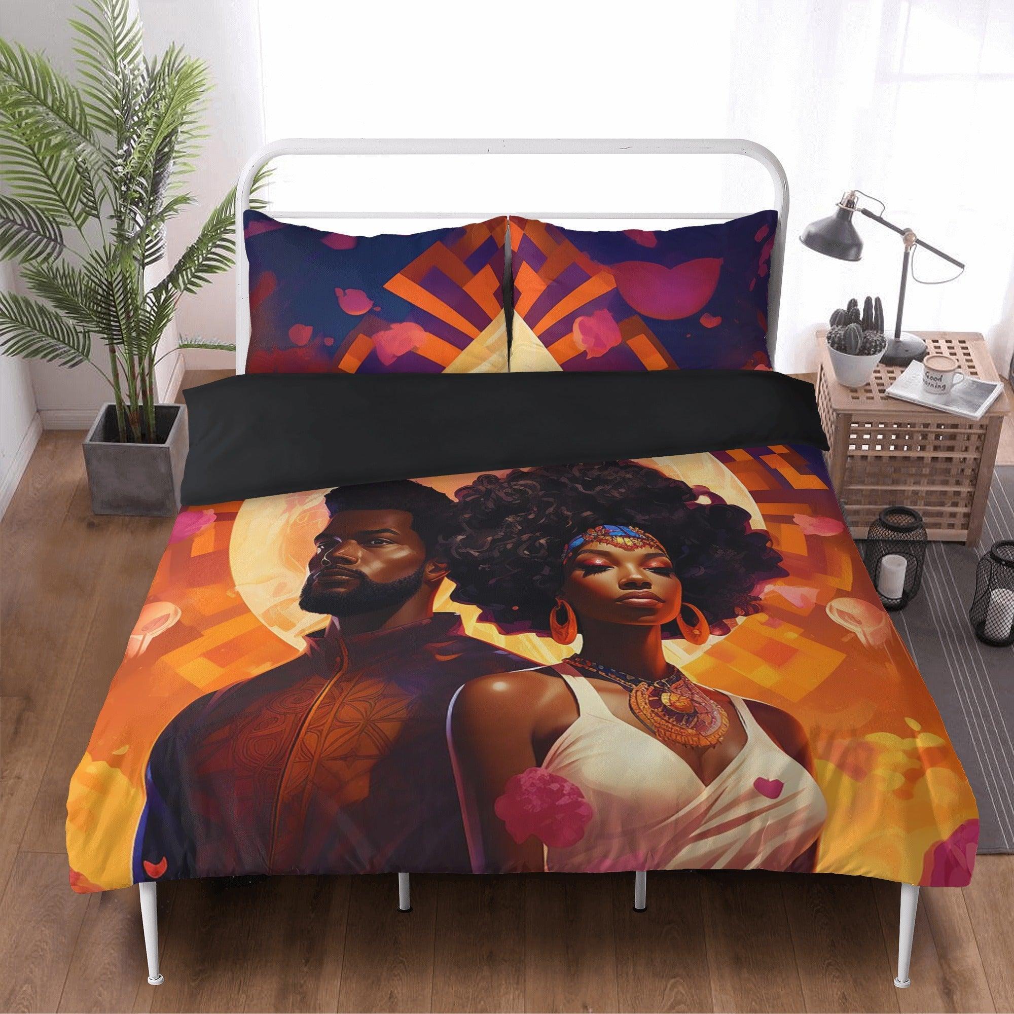 Unity of Love: Divine Black Couple Golden 3 Pcs Beddings - D'Sare 