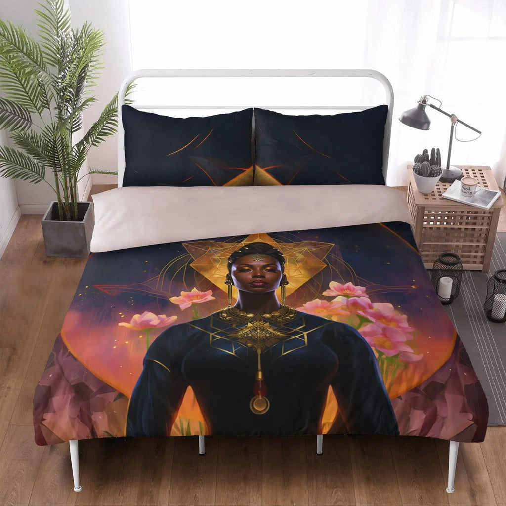 Sensual Divinity: Golden Black Feminine Goddess 3 Pcs Beddings - D'Sare 