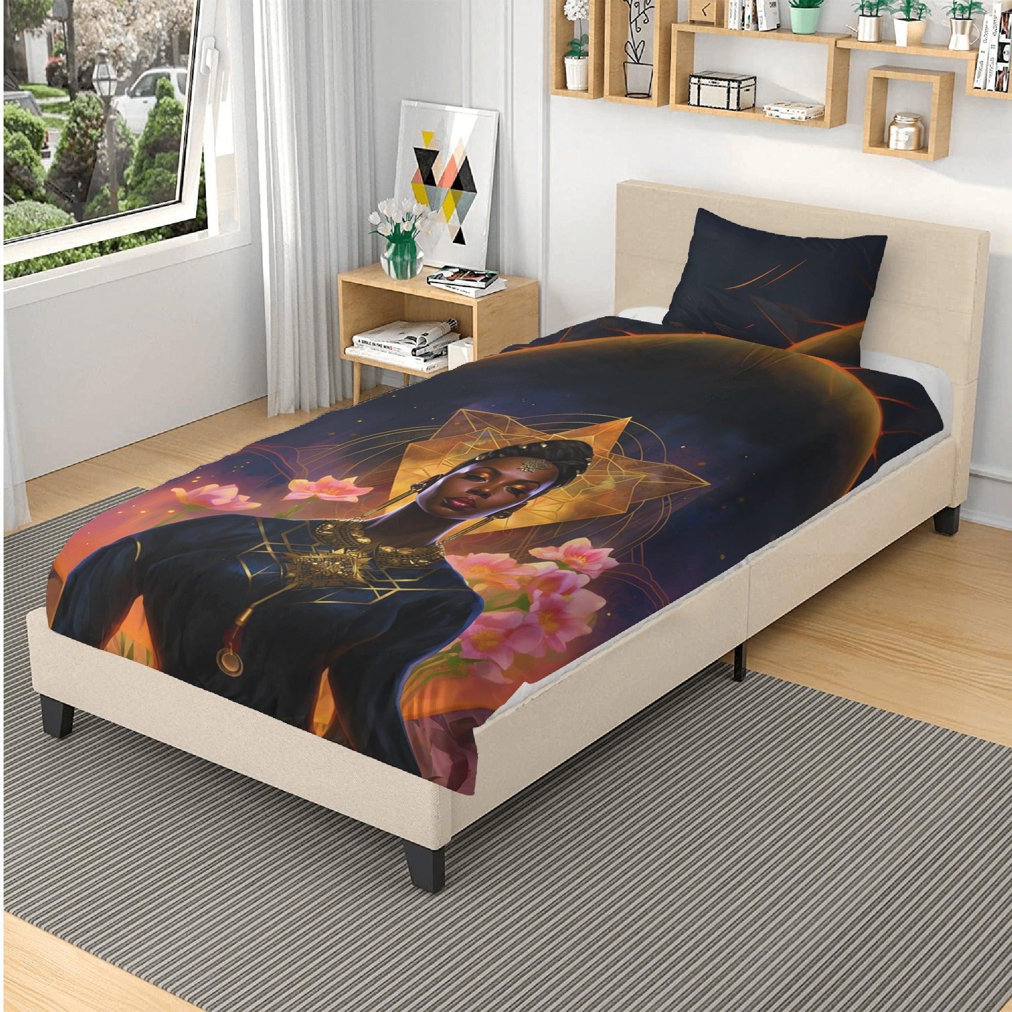 Sensual Divinity: Golden Black Feminine Goddess 3 Pcs Beddings - D'Sare 