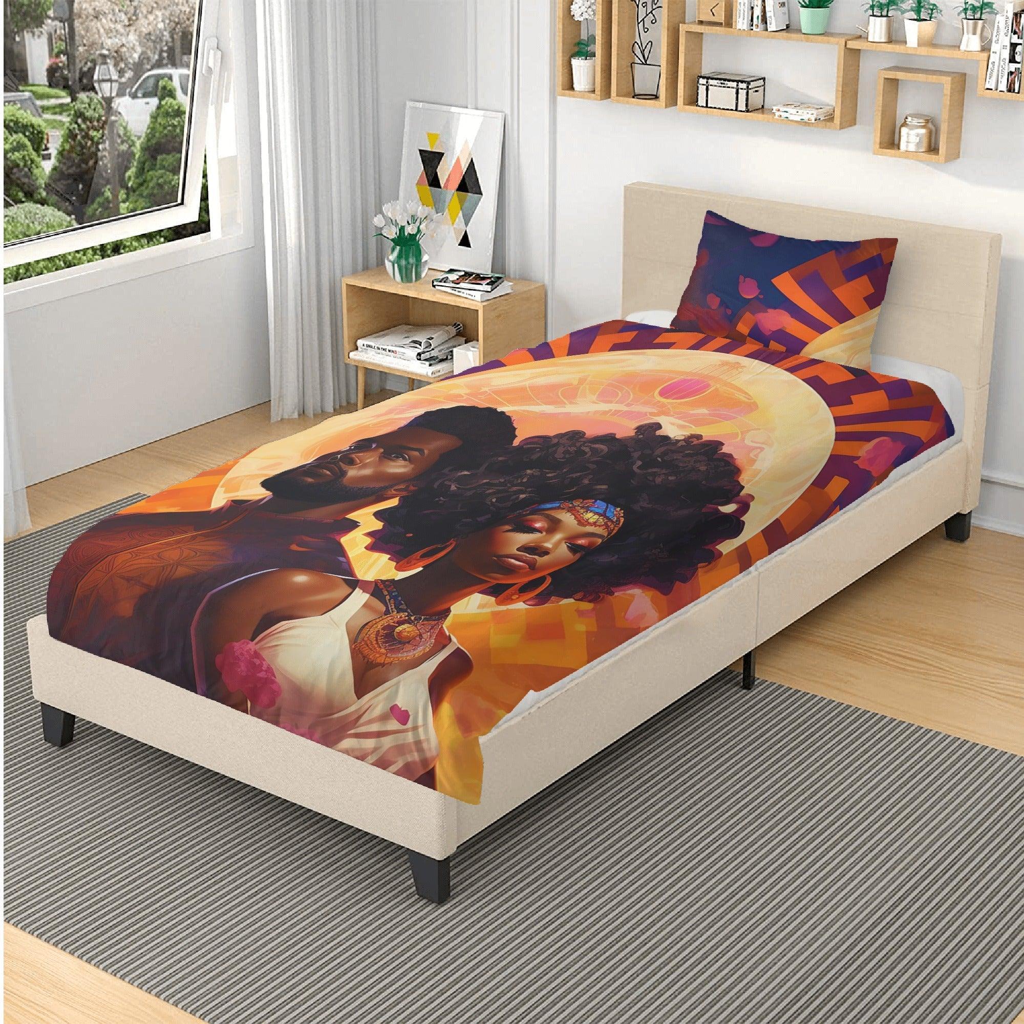 Unity of Love: Divine Black Couple Golden 3 Pcs Beddings - D'Sare 