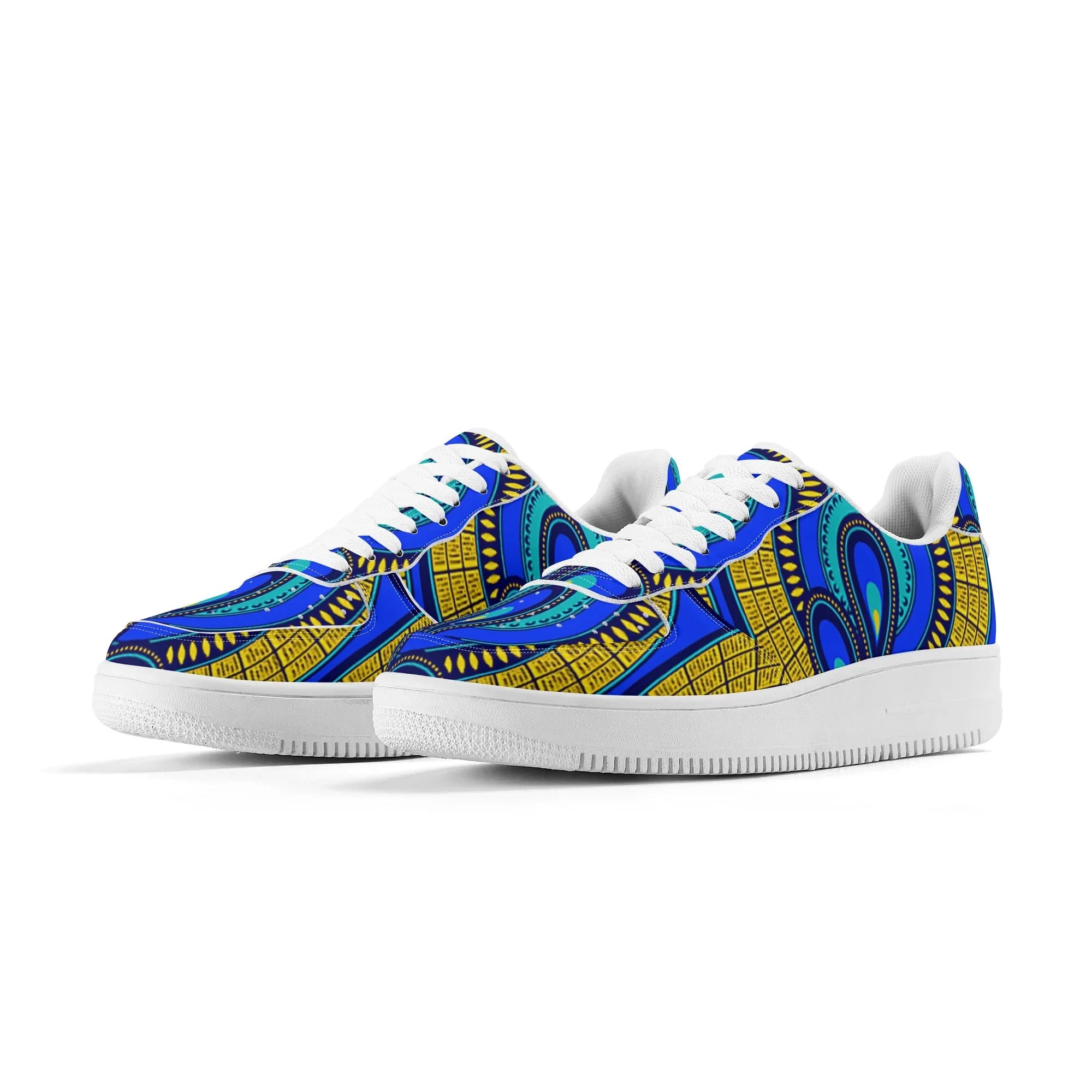 Vivid Azura Blue Spiral - Ethnic-Inspired Pattern Womens Upgraded White Low Top Leather Sneakers - D'Sare