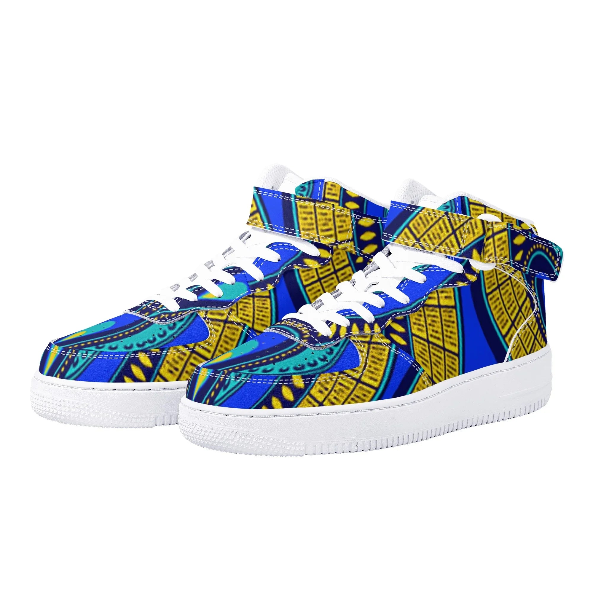 Vivid Azura Blue Spiral - Ethnic-Inspired Pattern Mens High Top Leather Sneakers - D'Sare