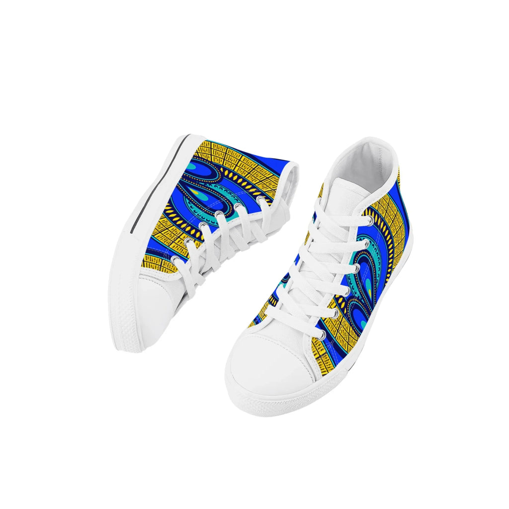 Vivid Azura Blue Spiral - Ethnic-Inspired Pattern Kids High Top Canvas Shoes - D'Sare