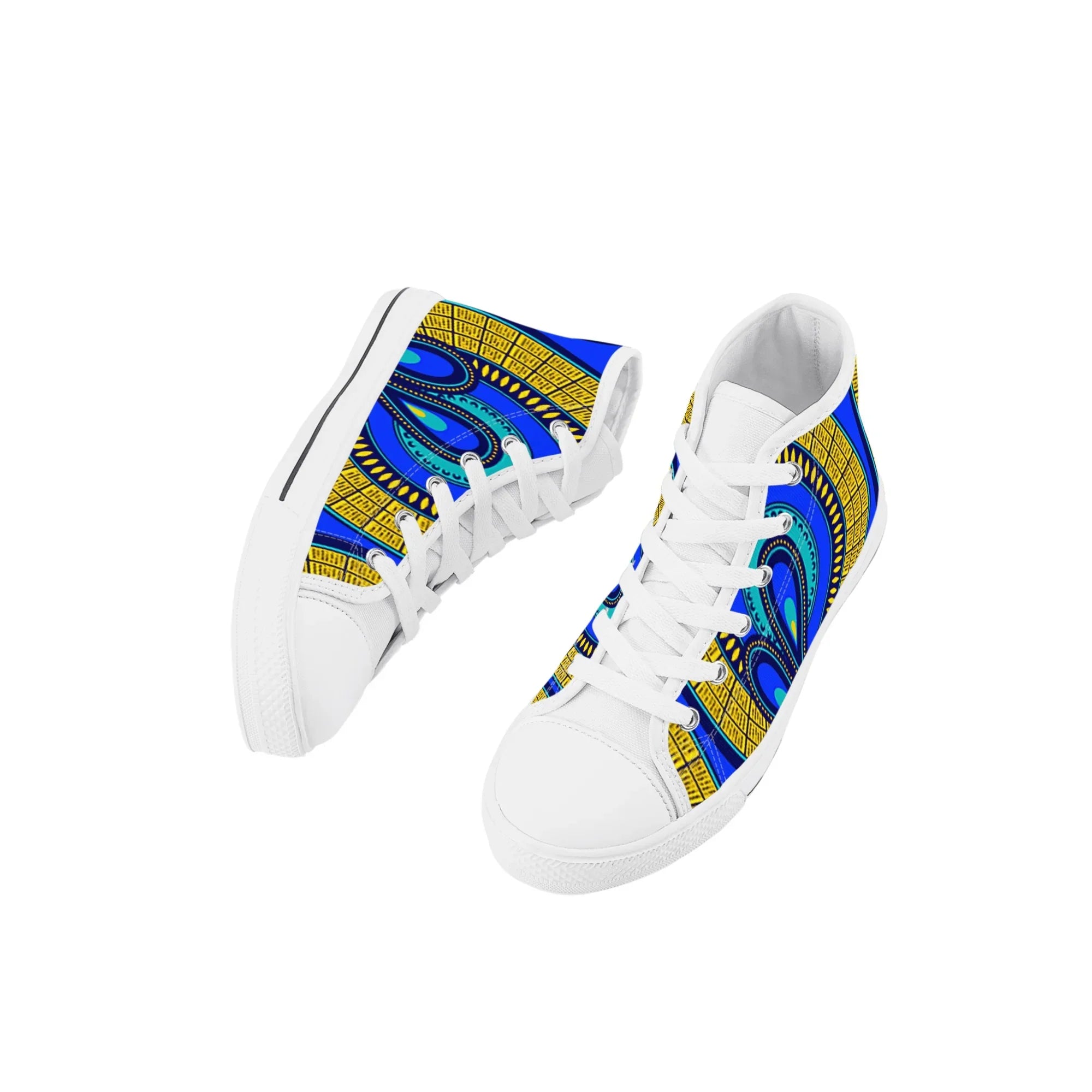 Vivid Azura Blue Spiral - Ethnic-Inspired Pattern Kids High Top Canvas Shoes - D'Sare