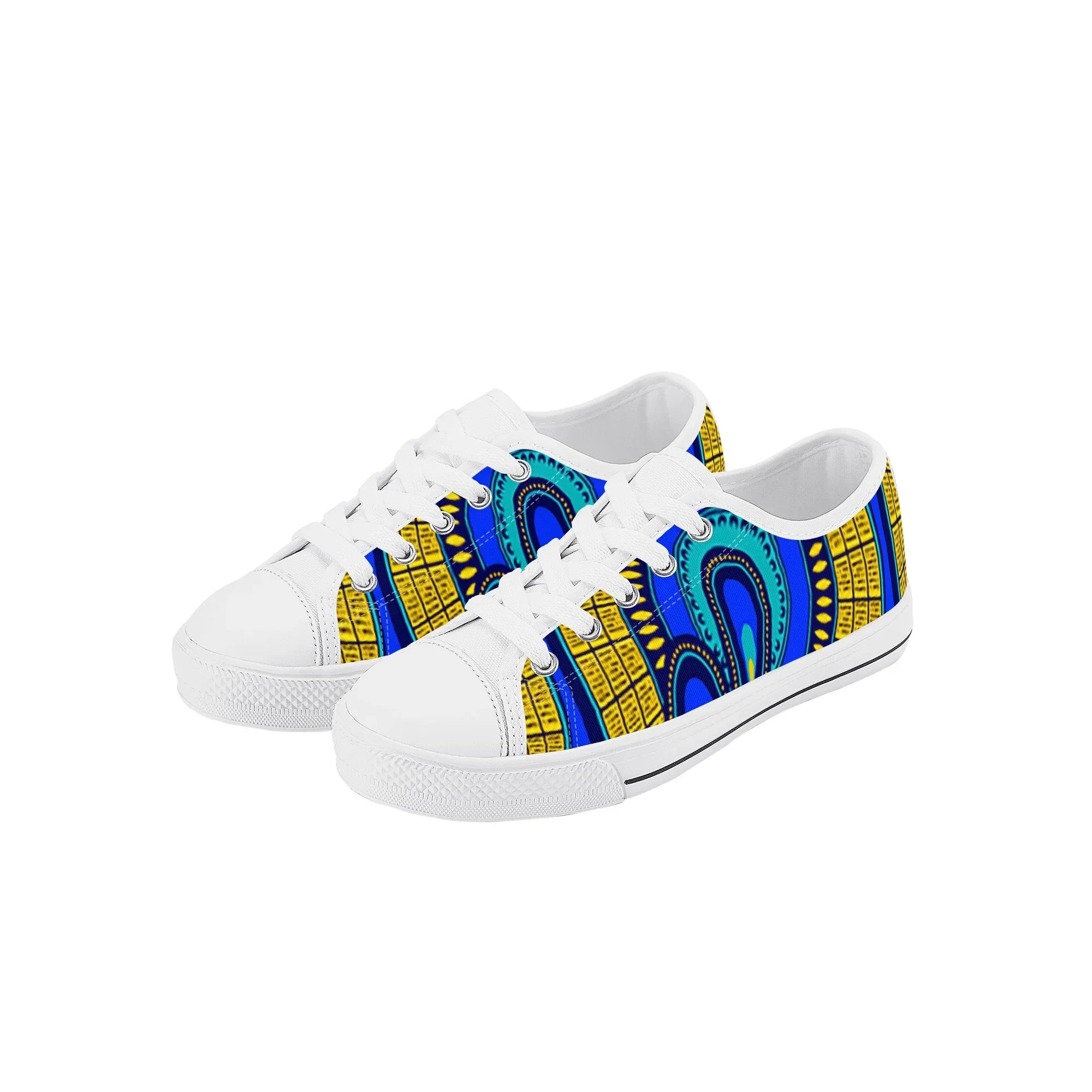 Vivid Azura Blue Spiral - Ethnic-Inspired Pattern Kids Low Top Canvas Shoes - D'Sare