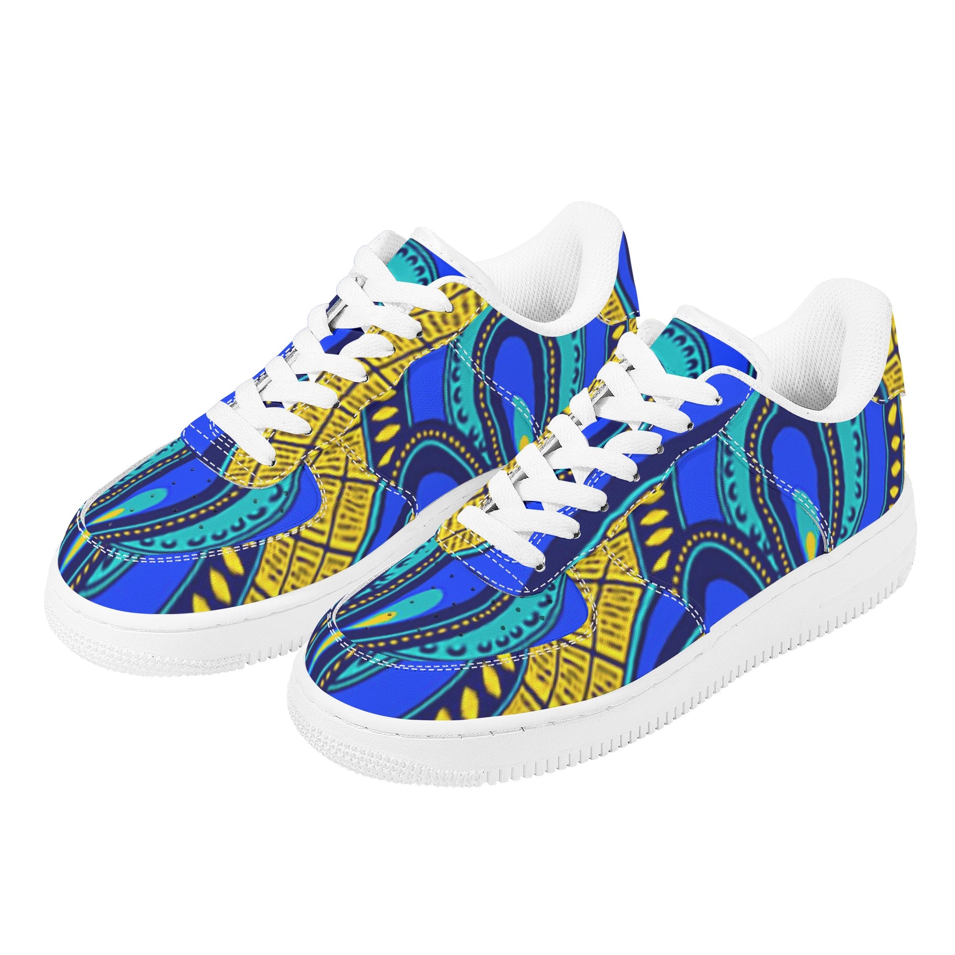 Vivid Azura Blue Spiral - Ethnic-Inspired Pattern Womens Low Top Leather Sport Sneakers - D'Sare