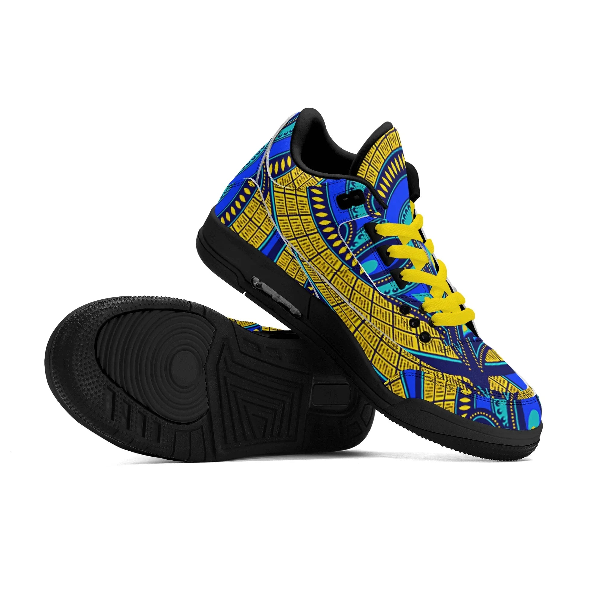 Vivid Azura Blue Spiral - Ethnic-Inspired Pattern Mens  Retro Leather Basketball Sneakers - D'Sare