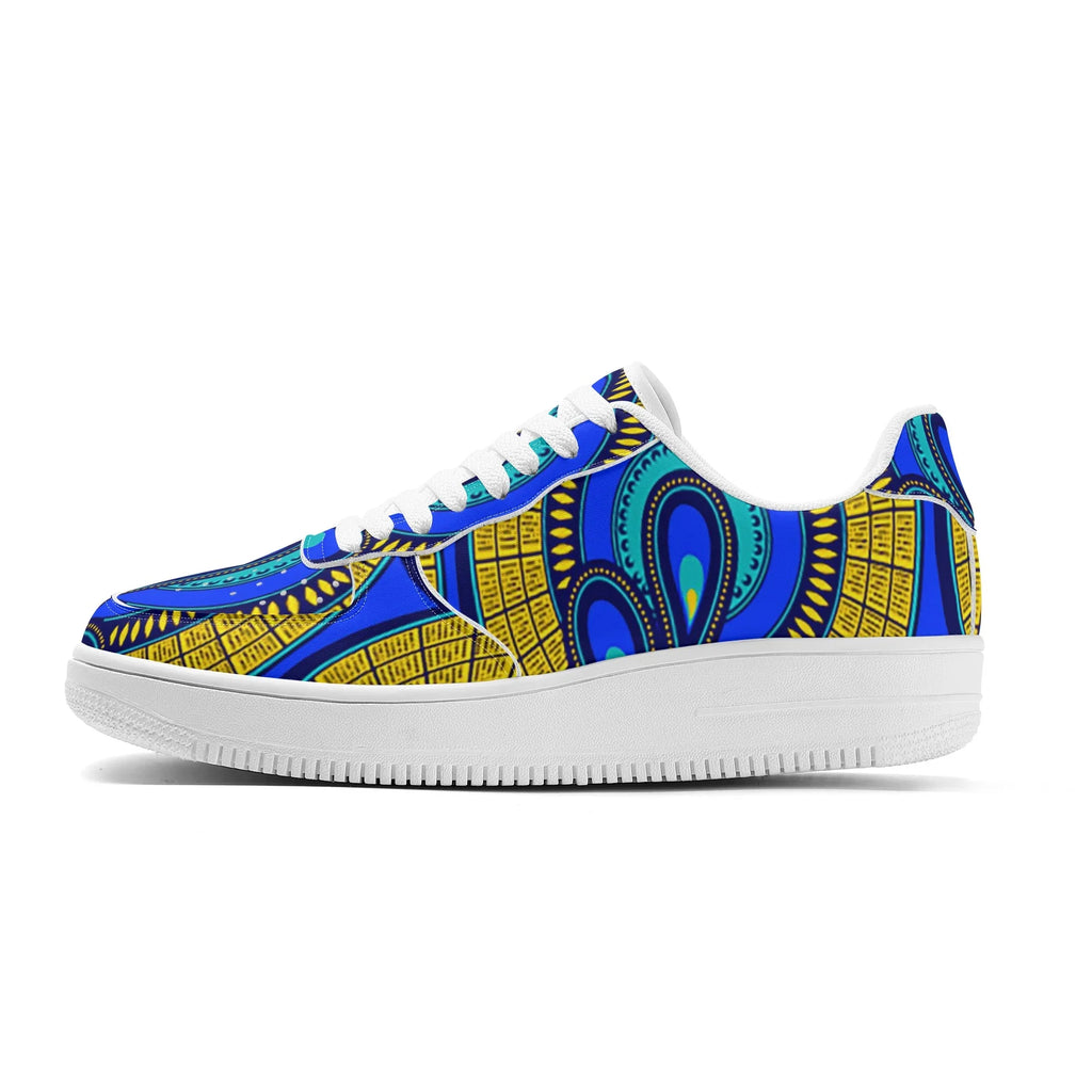 Vivid Azura Blue Spiral - Ethnic-Inspired Pattern Womens Upgraded White Low Top Leather Sneakers - D'Sare