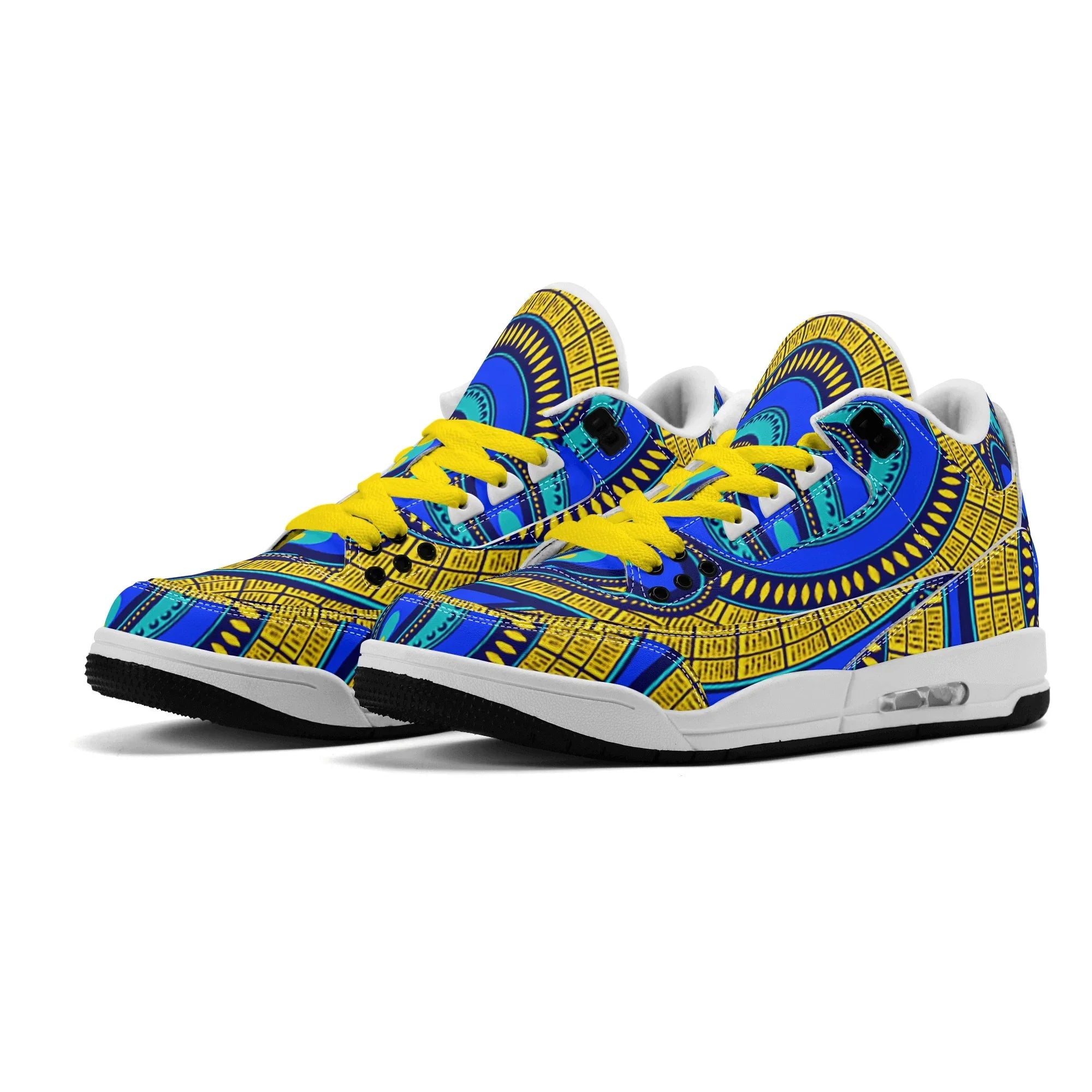 Vivid Azura Blue Spiral - Ethnic-Inspired Pattern Mens  Retro Leather Basketball Sneakers - D'Sare
