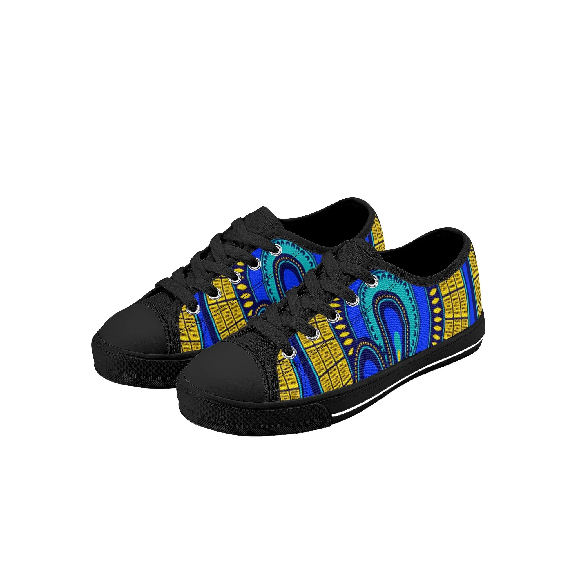 Vivid Azura Blue Spiral - Ethnic-Inspired Pattern Kids Low Top Canvas Shoes - D'Sare