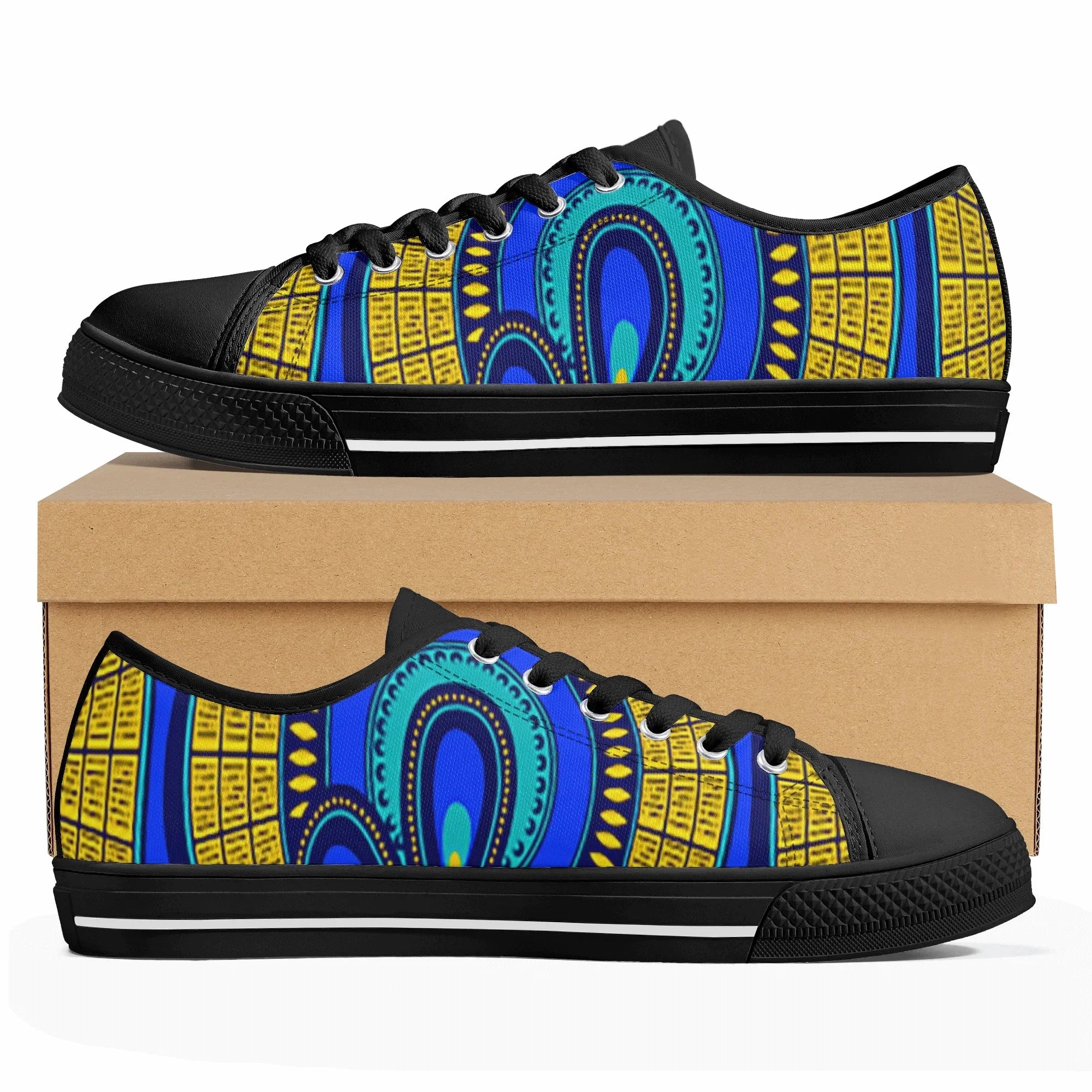 Vivid Azura Blue Spiral - Ethnic-Inspired Pattern Womens Low Top Canvas Shoes - D'Sare