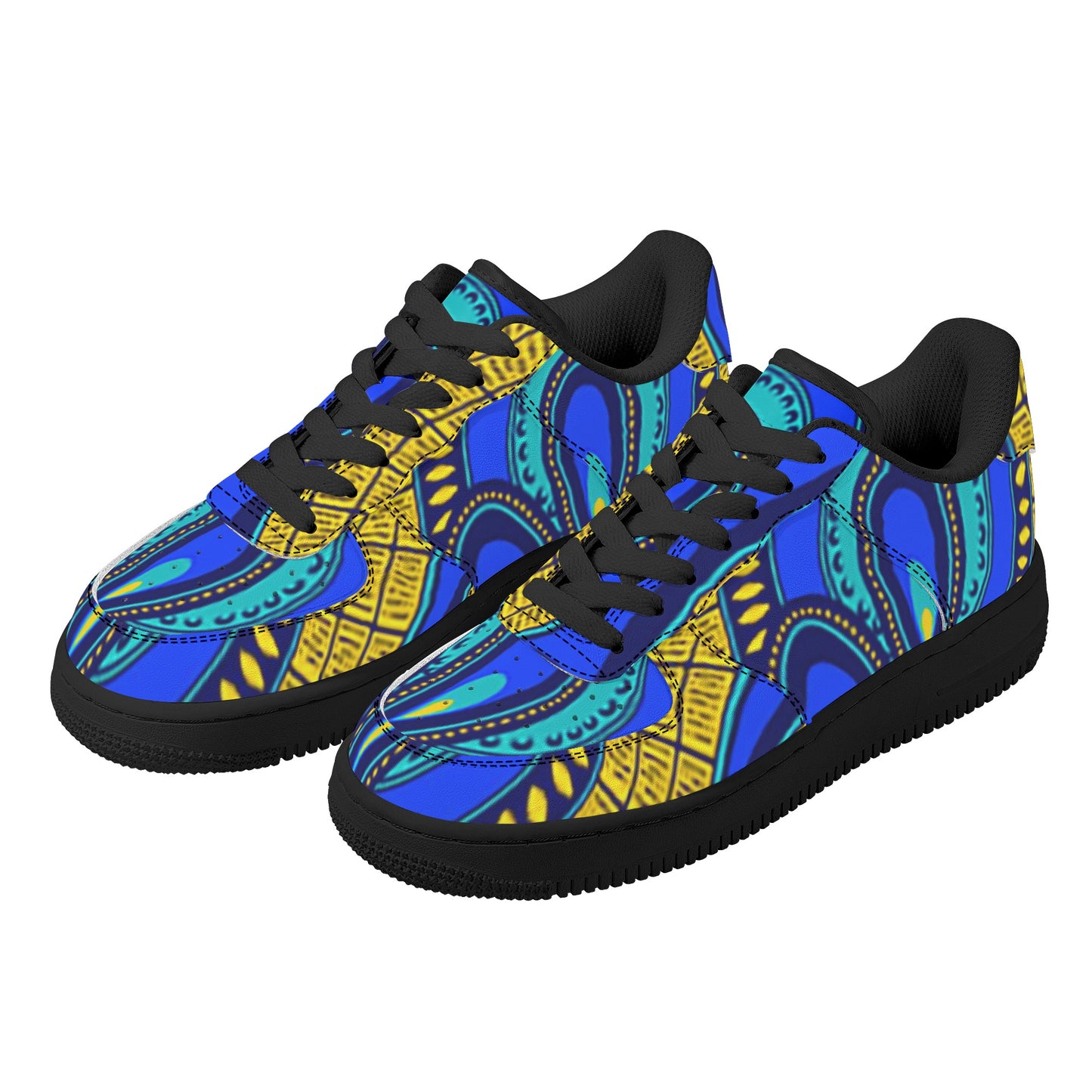 Vivid Azura Blue Spiral - Ethnic-Inspired Pattern Womens Low Top Leather Sport Sneakers - D'Sare