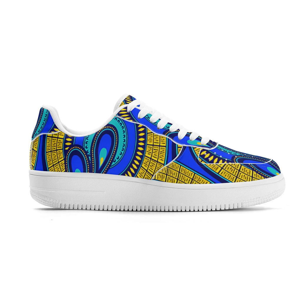 Vivid Azura Blue Spiral - Ethnic-Inspired Pattern Womens Upgraded White Low Top Leather Sneakers - D'Sare