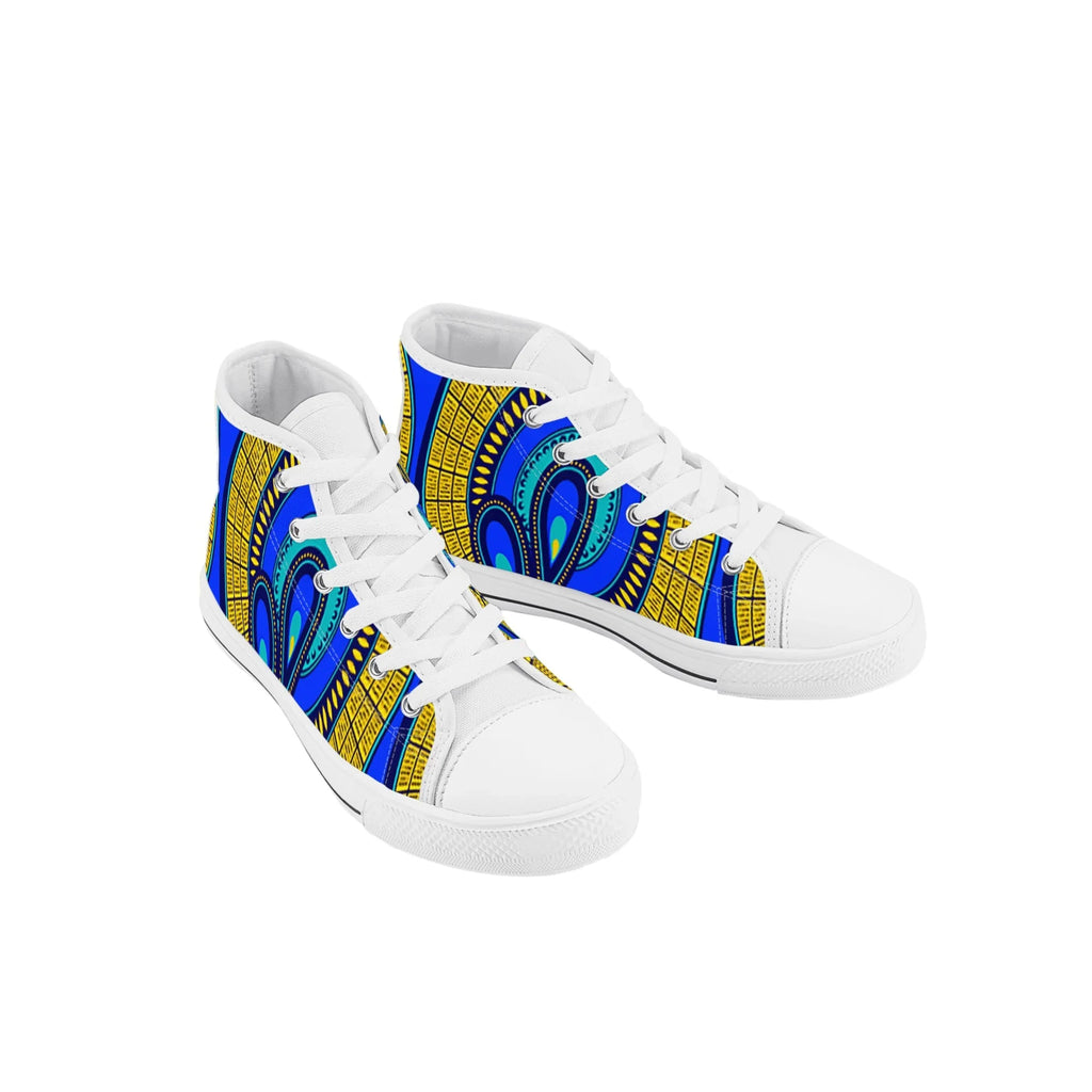 Vivid Azura Blue Spiral - Ethnic-Inspired Pattern Kids High Top Canvas Shoes - D'Sare