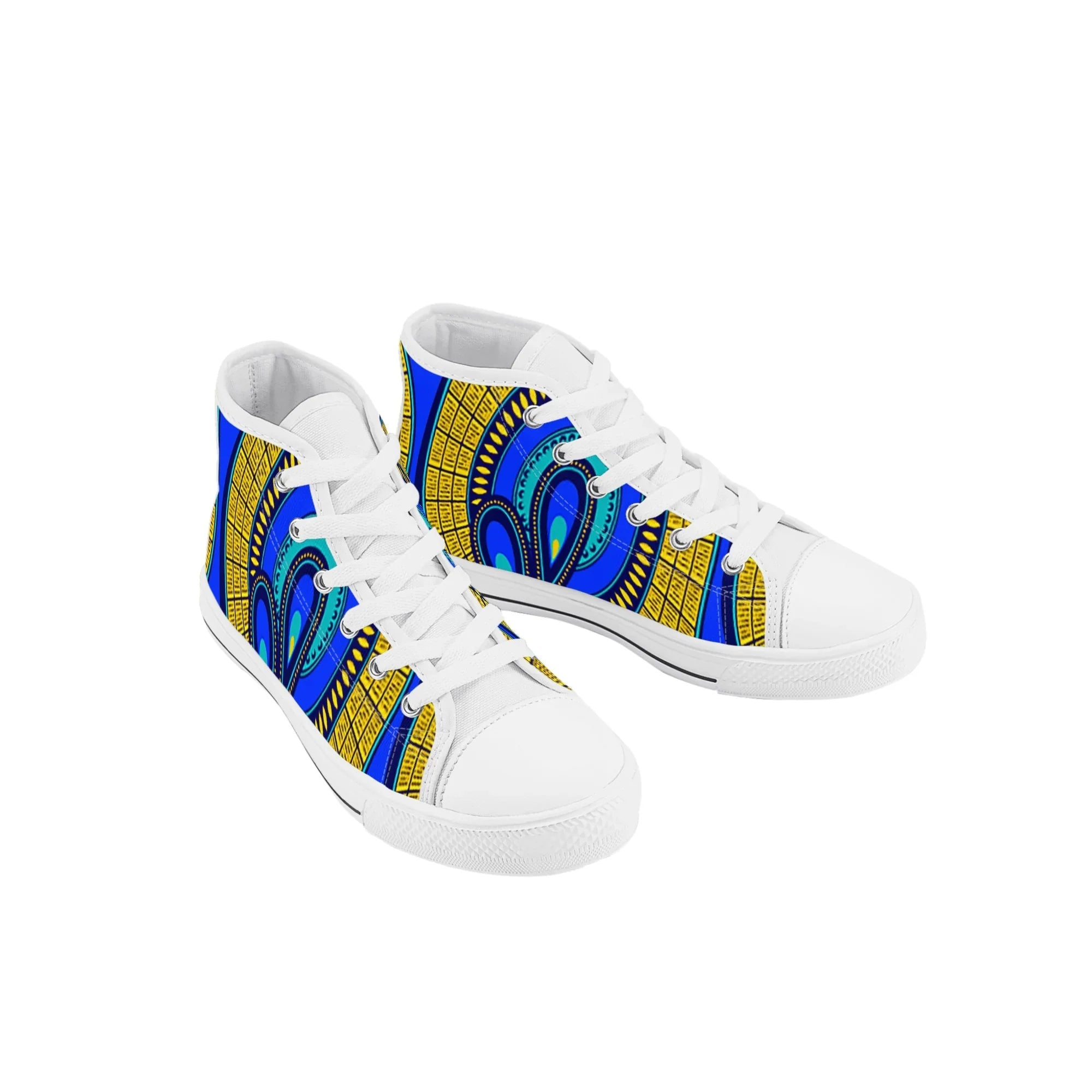 Vivid Azura Blue Spiral - Ethnic-Inspired Pattern Kids High Top Canvas Shoes - D'Sare