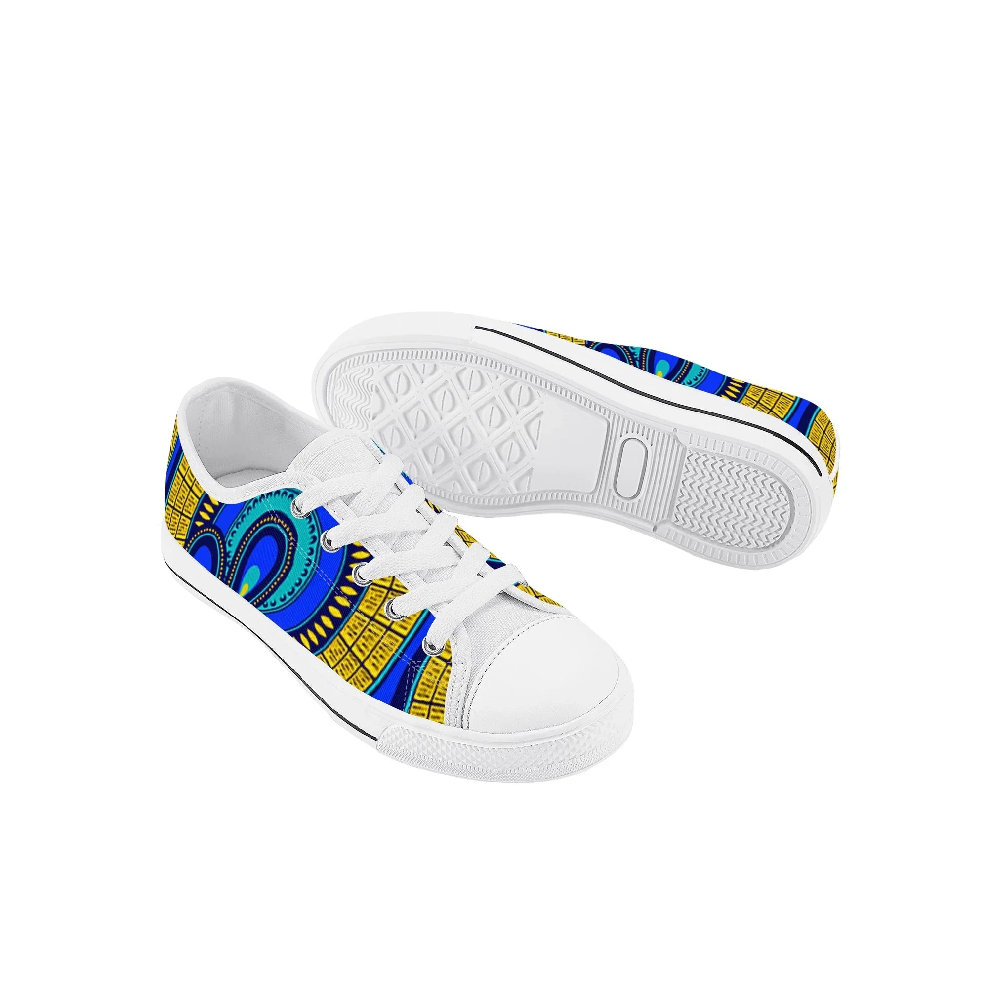 Vivid Azura Blue Spiral - Ethnic-Inspired Pattern Kids Low Top Canvas Shoes - D'Sare