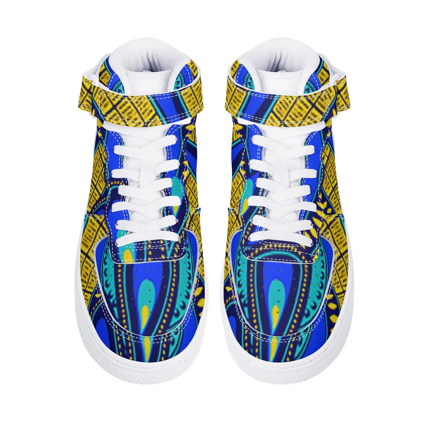 Vivid Azura Blue Spiral - Ethnic-Inspired Pattern Womens High Top Leather Sneakers - D'Sare