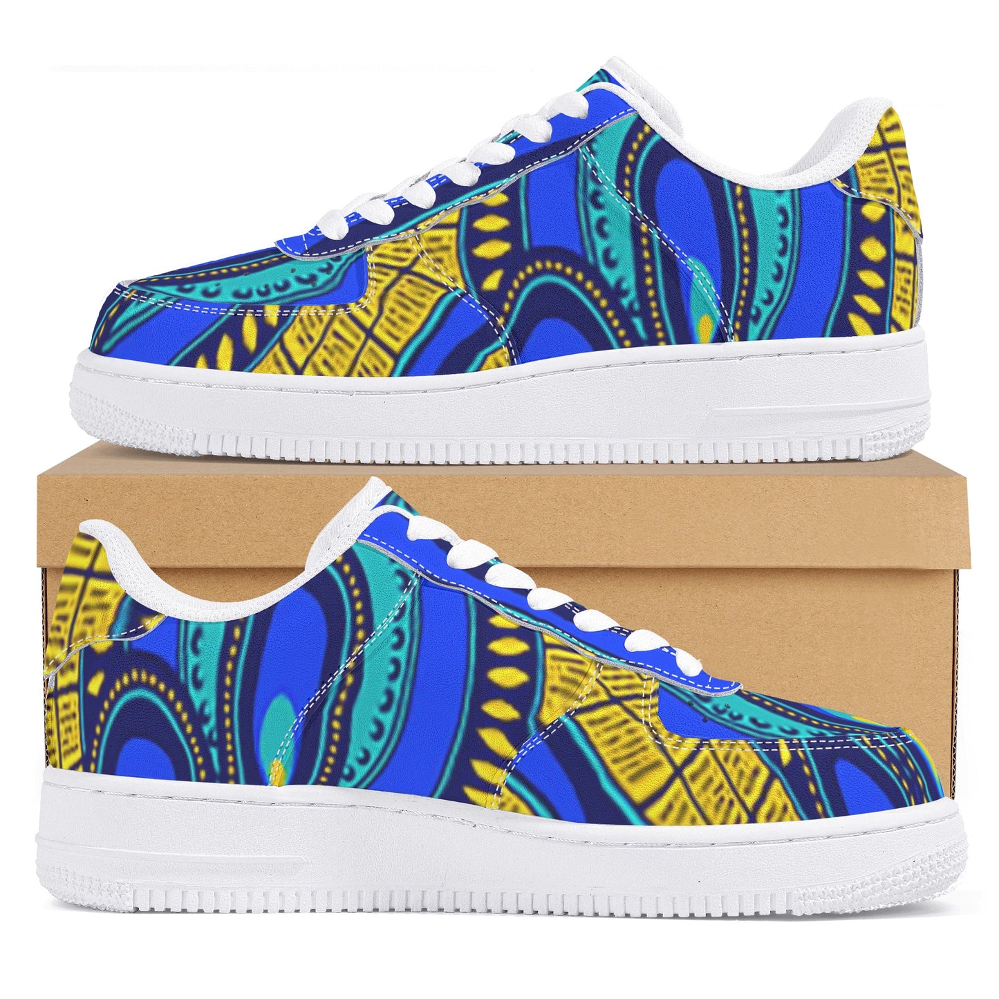 Vivid Azura Blue Spiral - Ethnic-Inspired Pattern Womens Low Top Leather Sport Sneakers - D'Sare