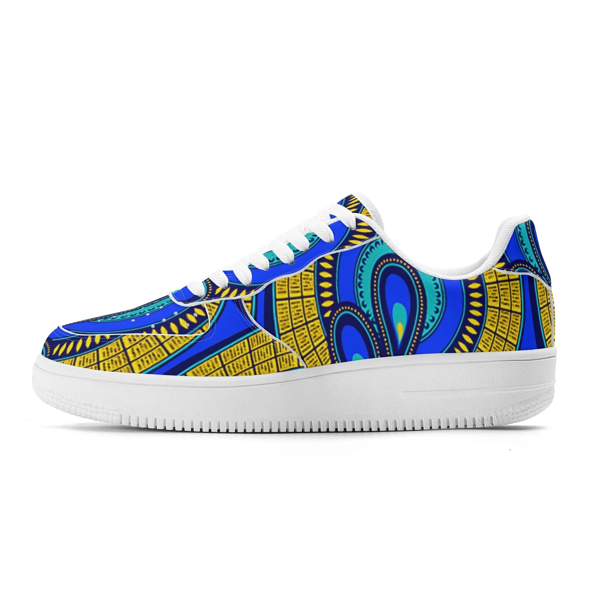 Vivid Azura Blue Spiral - Ethnic-Inspired Pattern Womens Upgraded White Low Top Leather Sneakers - D'Sare