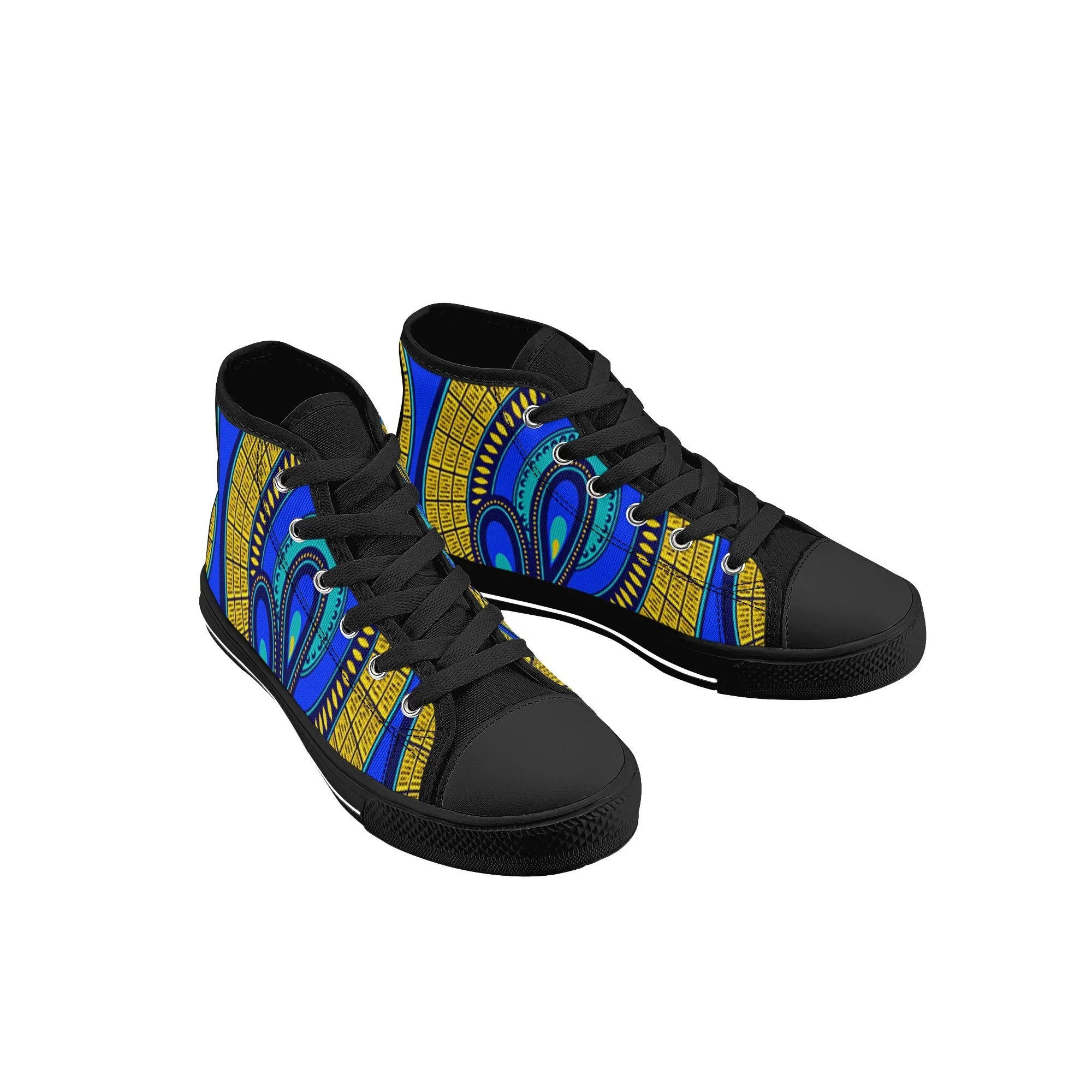 Vivid Azura Blue Spiral - Ethnic-Inspired Pattern Kids High Top Canvas Shoes - D'Sare