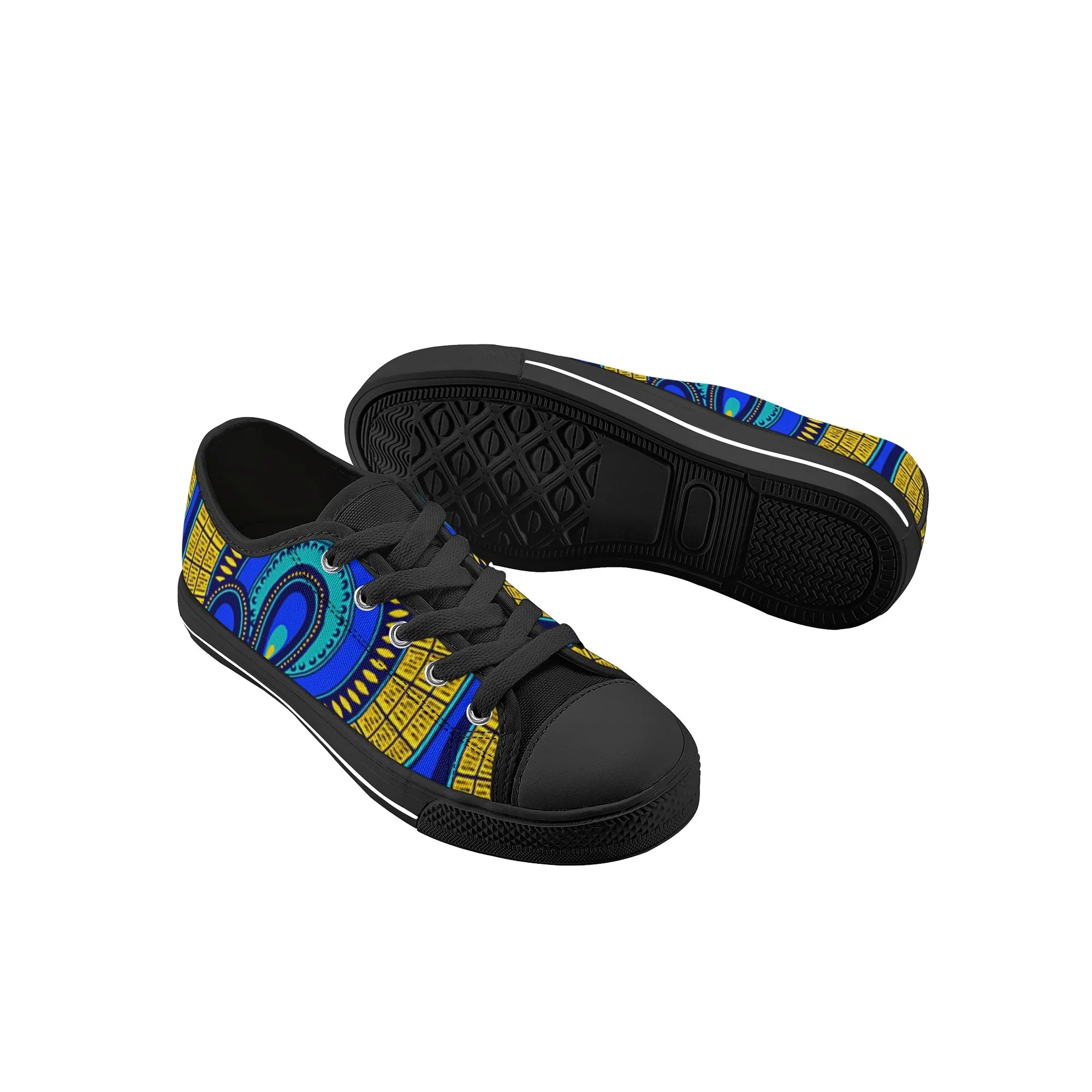 Vivid Azura Blue Spiral - Ethnic-Inspired Pattern Kids Low Top Canvas Shoes - D'Sare
