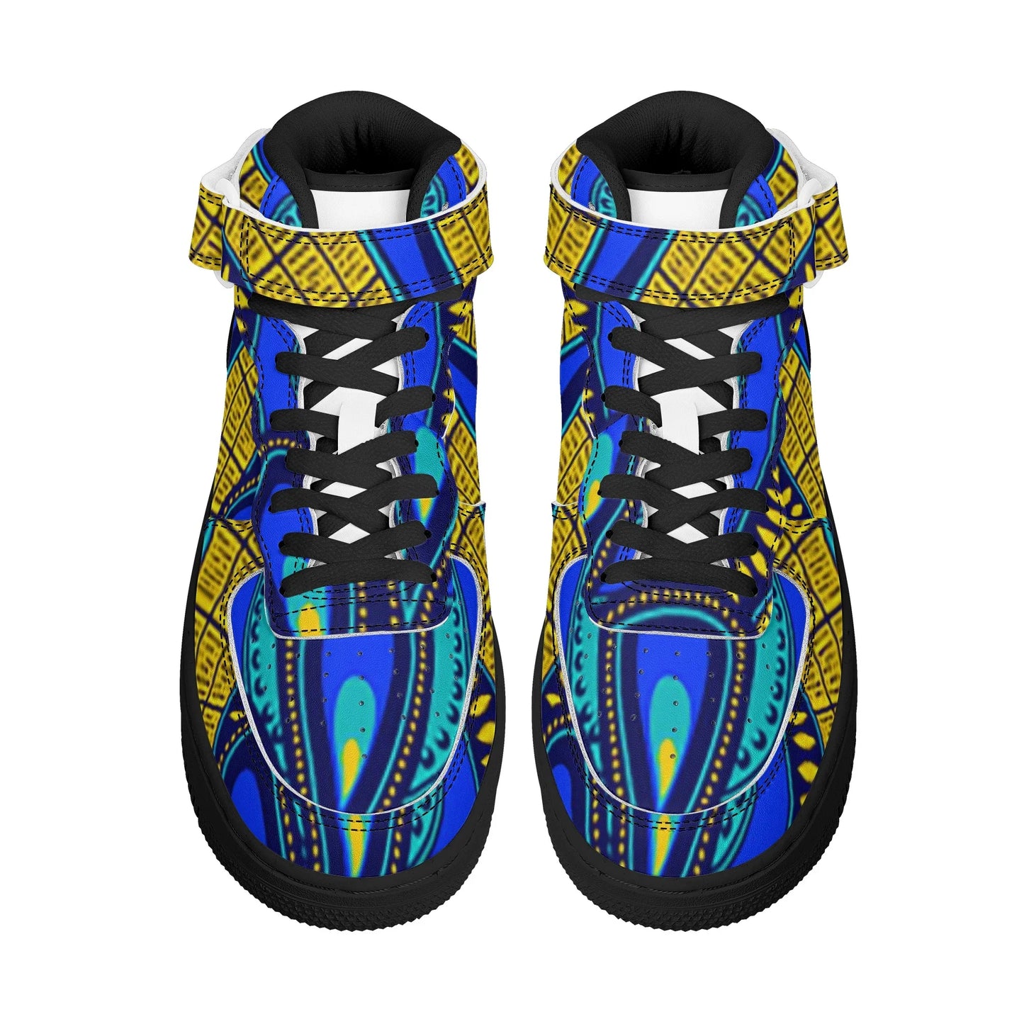 Vivid Azura Blue Spiral - Ethnic-Inspired Pattern Womens High Top Leather Sneakers - D'Sare